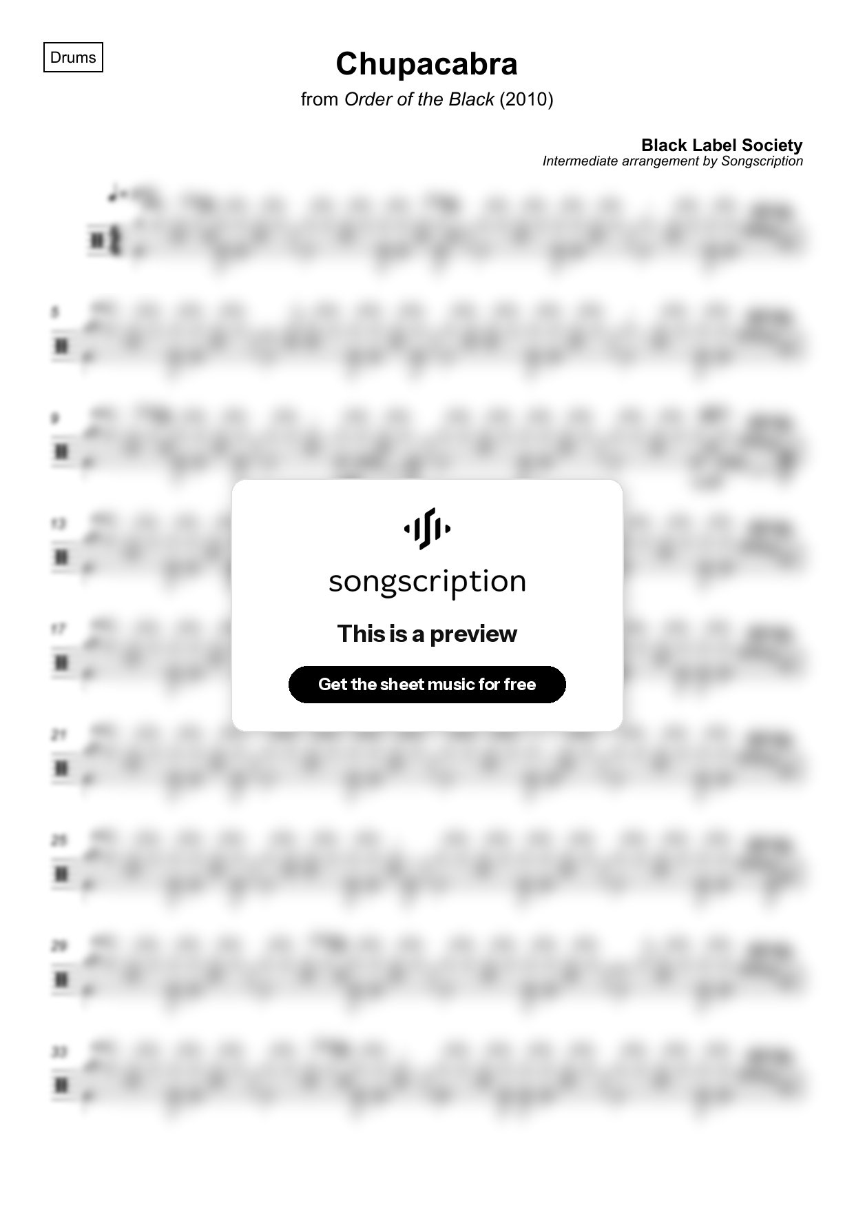 Intermediate Drums Sheet Music for "Chupacabra" by Black Label Society