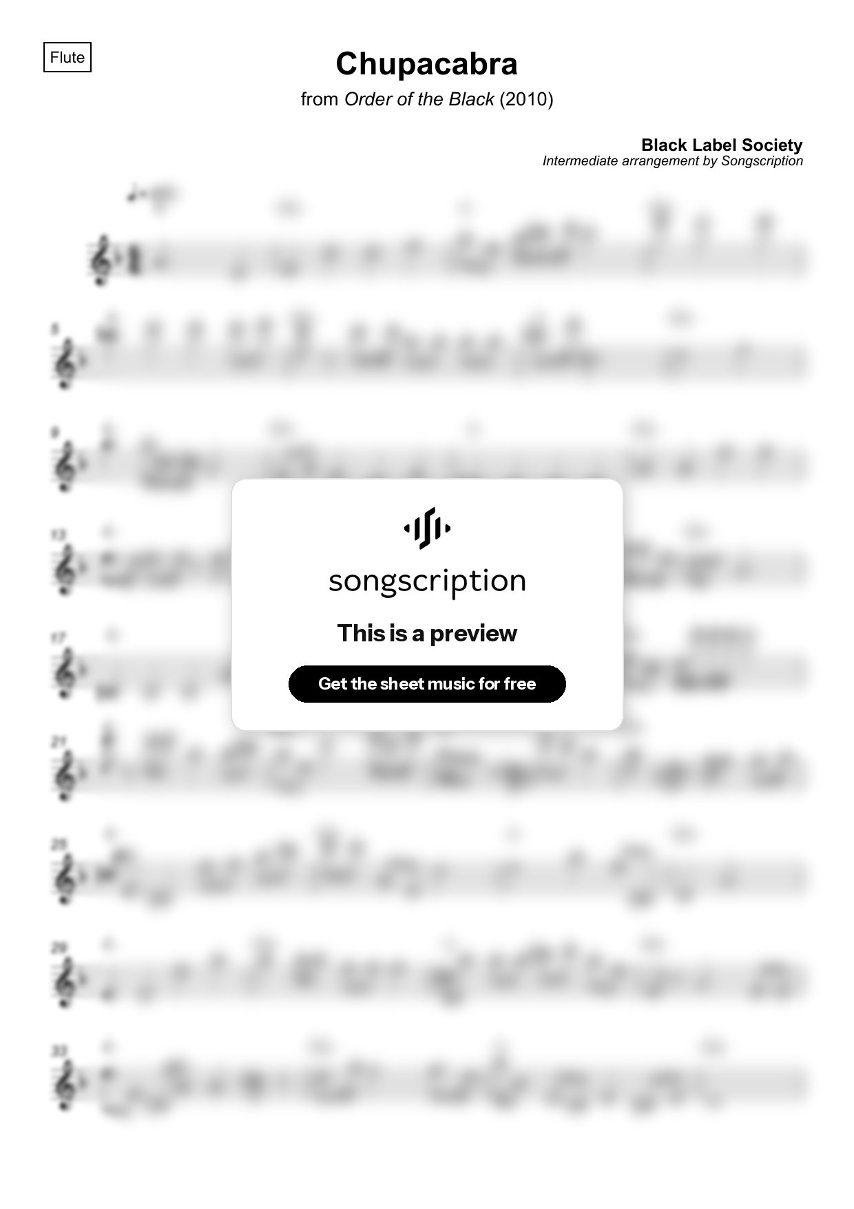 Intermediate Flute Sheet Music for "Chupacabra" by Black Label Society
