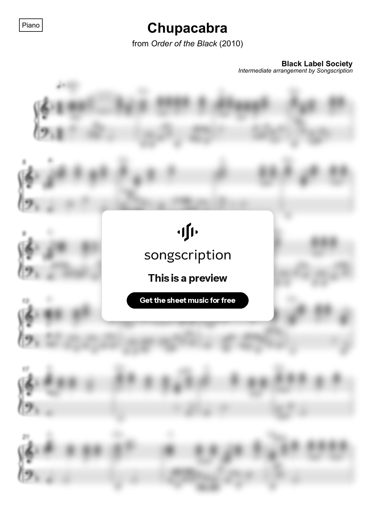 Intermediate Piano Sheet Music for "Chupacabra" by Black Label Society