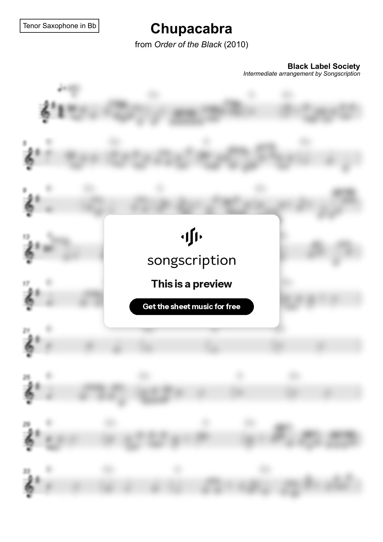 Intermediate Tenor Sax Sheet Music for "Chupacabra" by Black Label Society