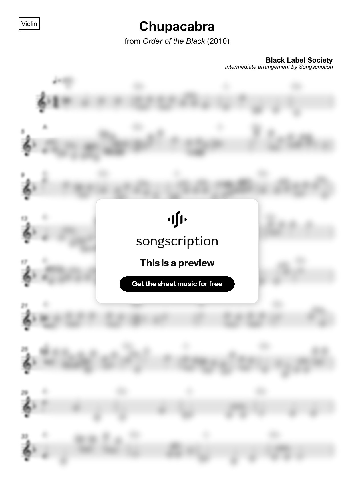 Intermediate Violin Sheet Music for "Chupacabra" by Black Label Society