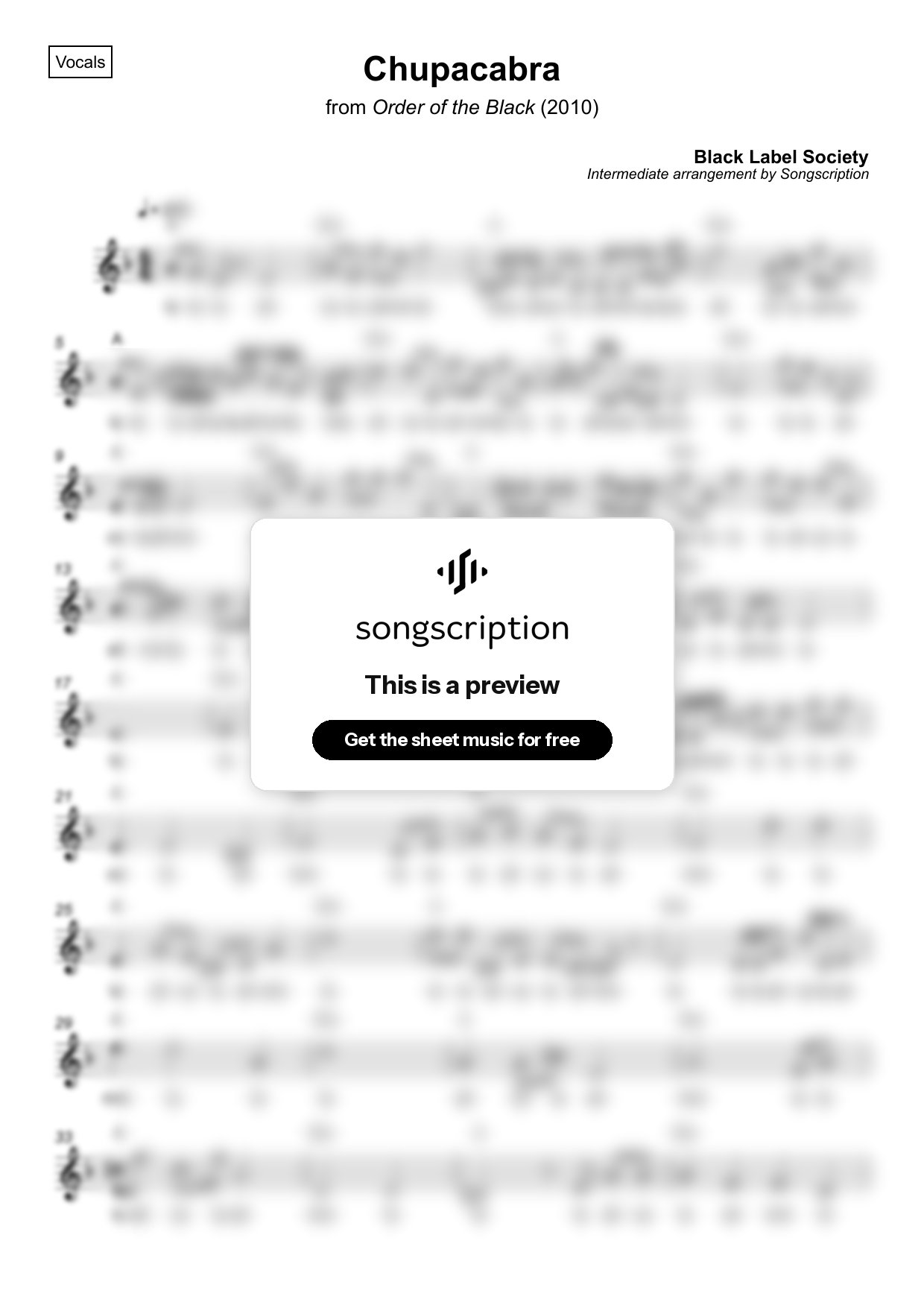 Intermediate Vocals Sheet Music for "Chupacabra" by Black Label Society