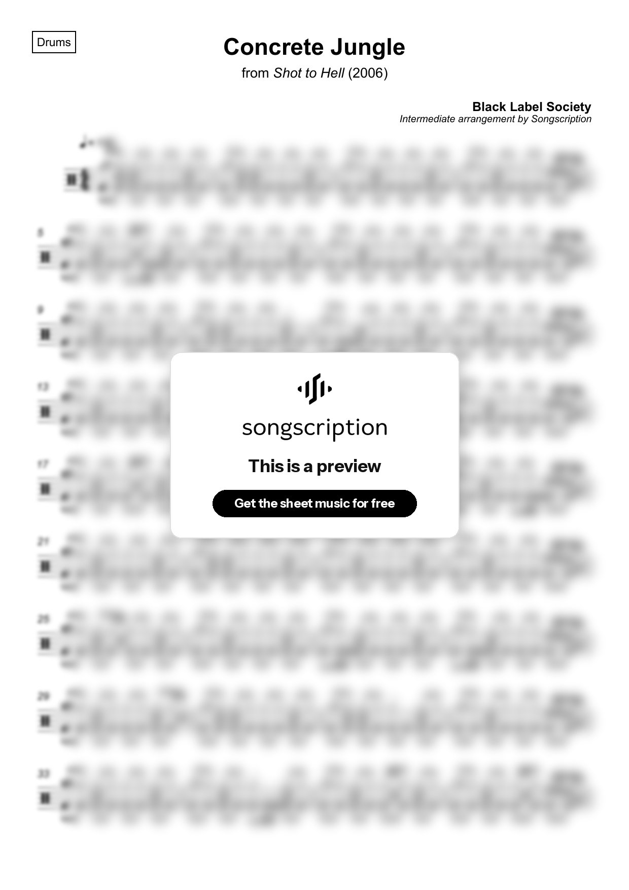 Intermediate Drums Sheet Music for "Concrete Jungle" by Black Label Society