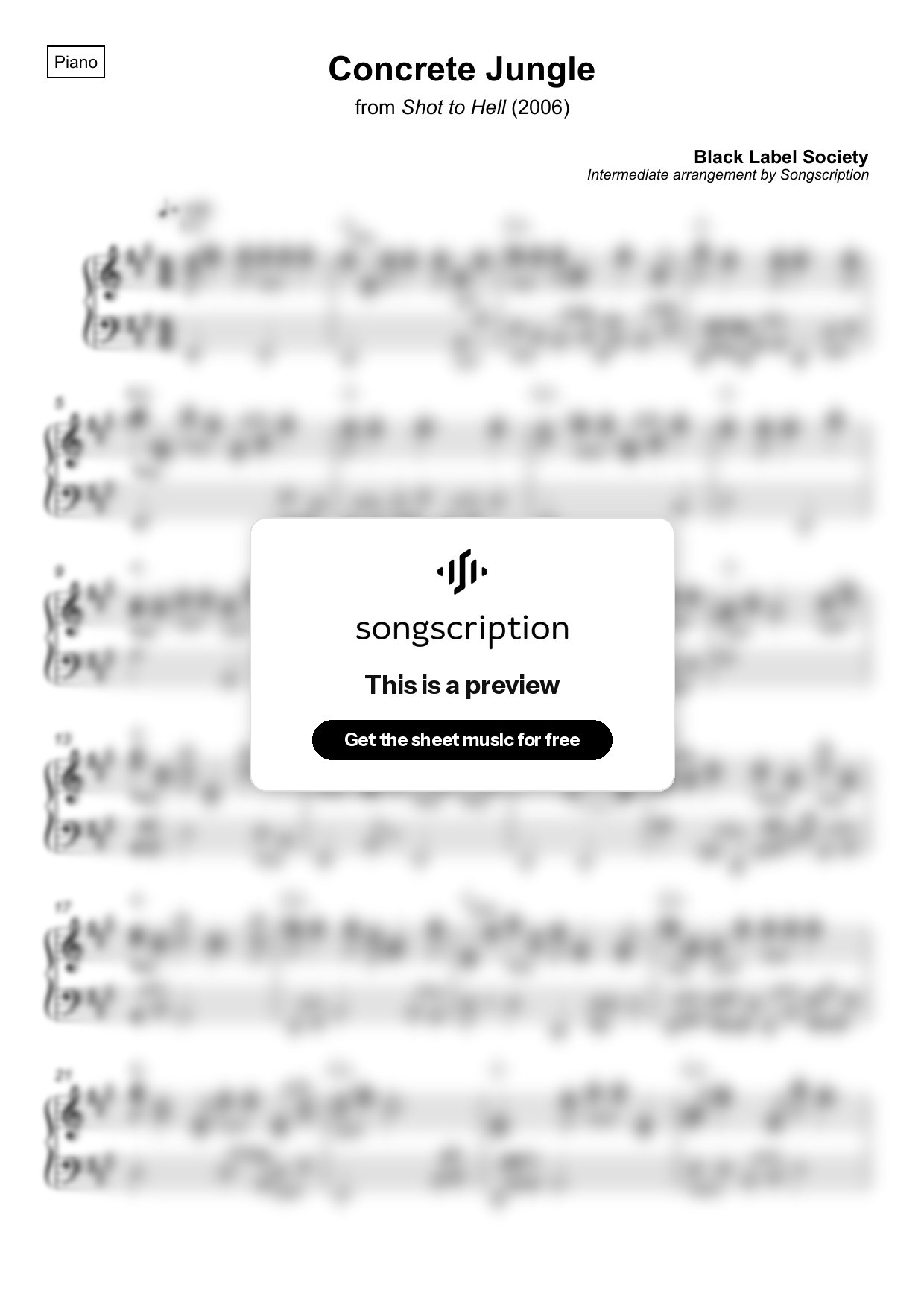 Intermediate Piano Sheet Music for "Concrete Jungle" by Black Label Society