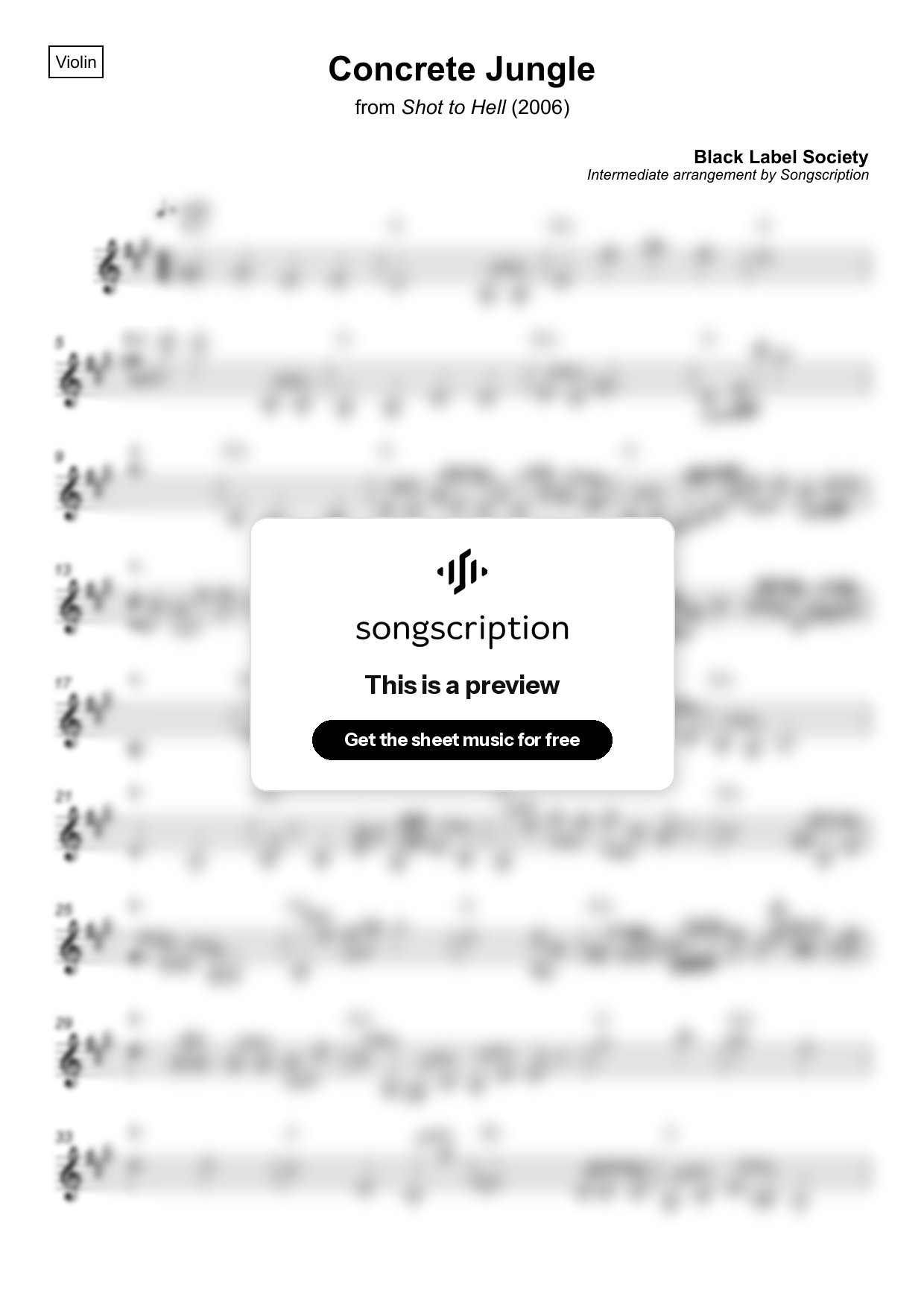 Intermediate Violin Sheet Music for "Concrete Jungle" by Black Label Society