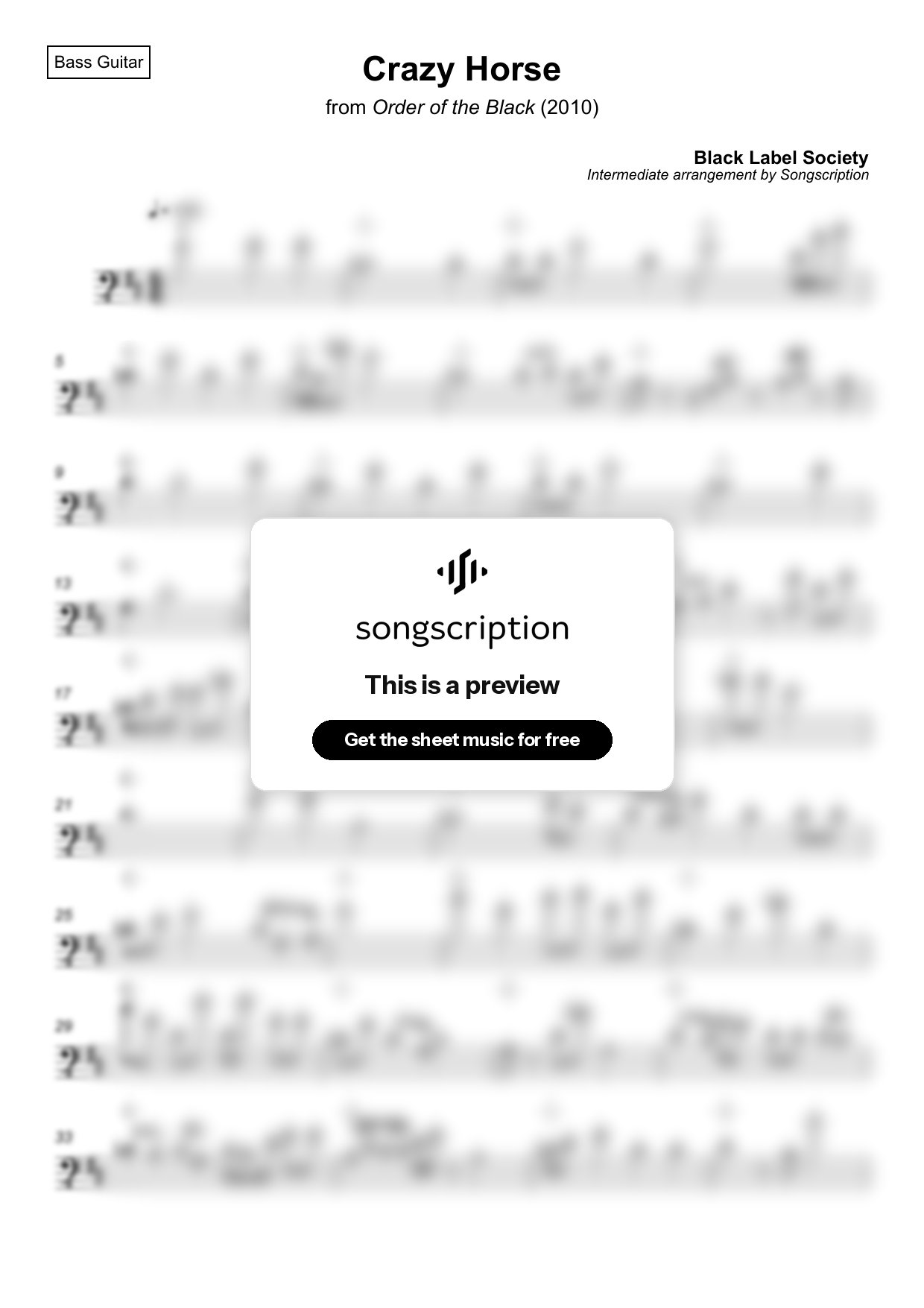 Intermediate Bass Guitar Sheet Music for "Crazy Horse" by Black Label Society