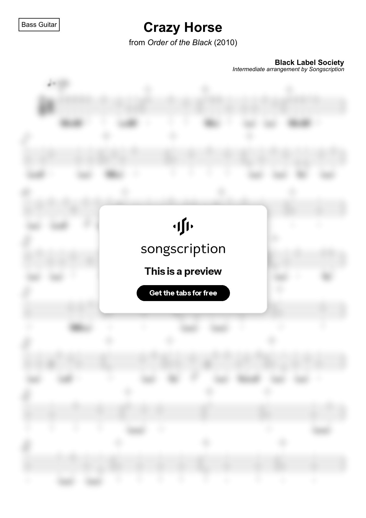Intermediate Bass Guitar Tabs for "Crazy Horse" by Black Label Society
