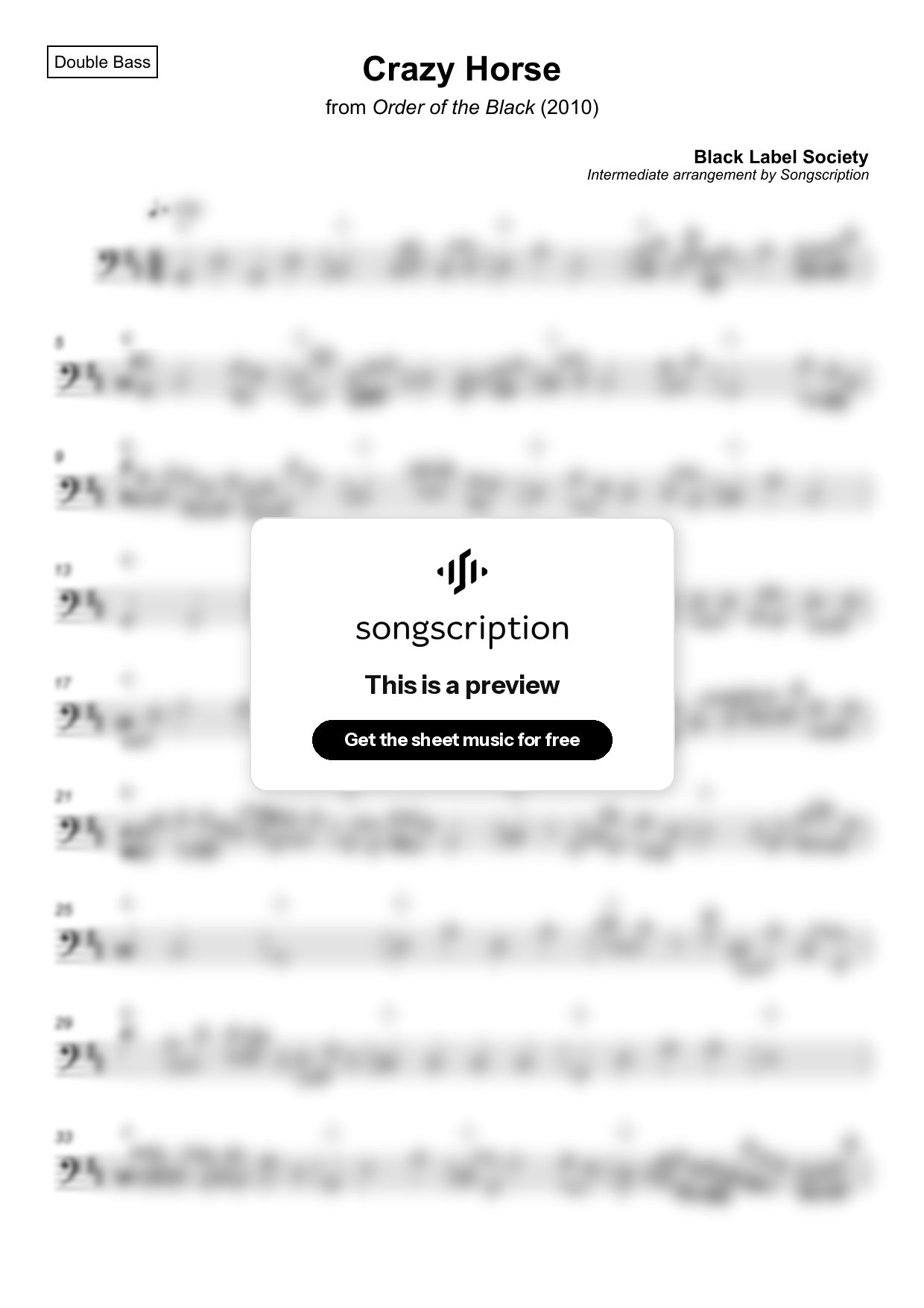 Intermediate Double Bass Sheet Music for "Crazy Horse" by Black Label Society