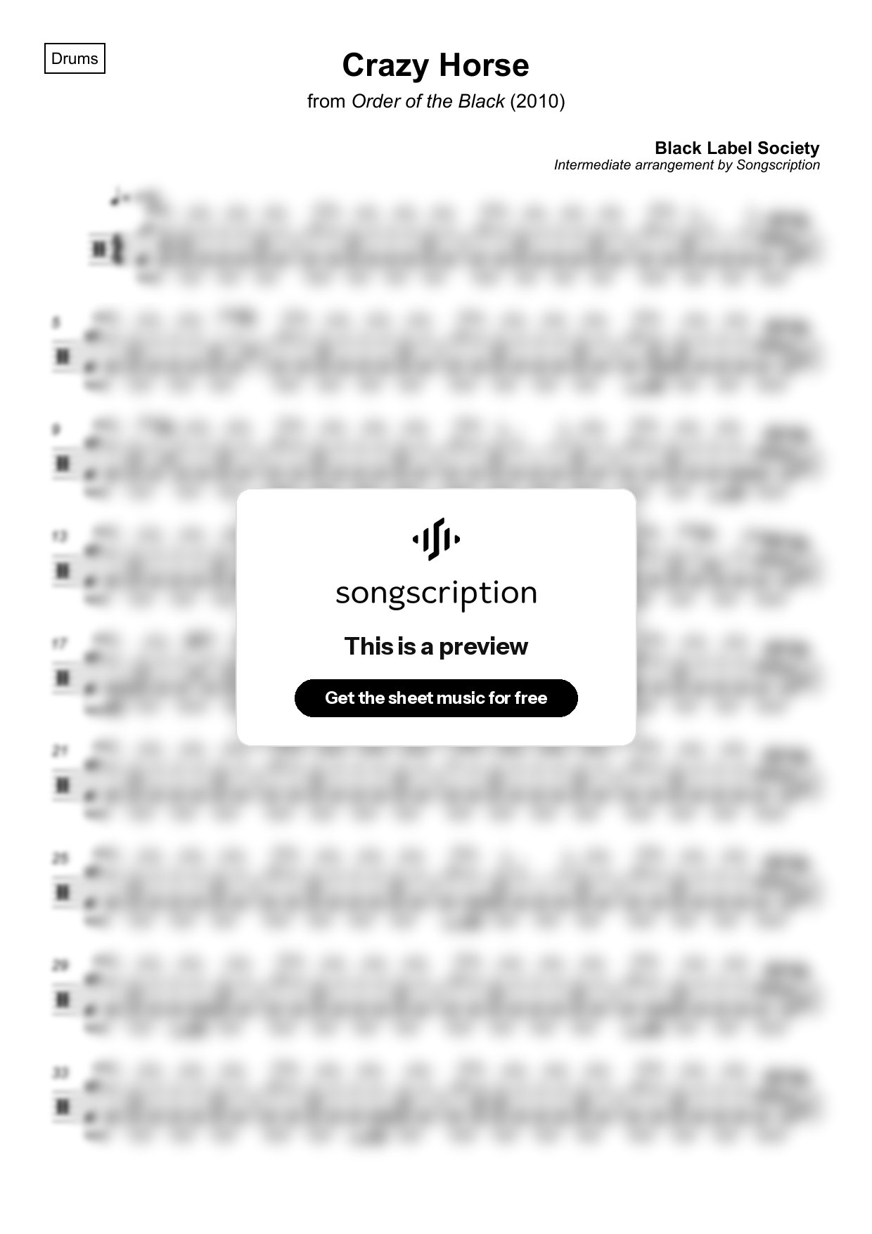 Intermediate Drums Sheet Music for "Crazy Horse" by Black Label Society
