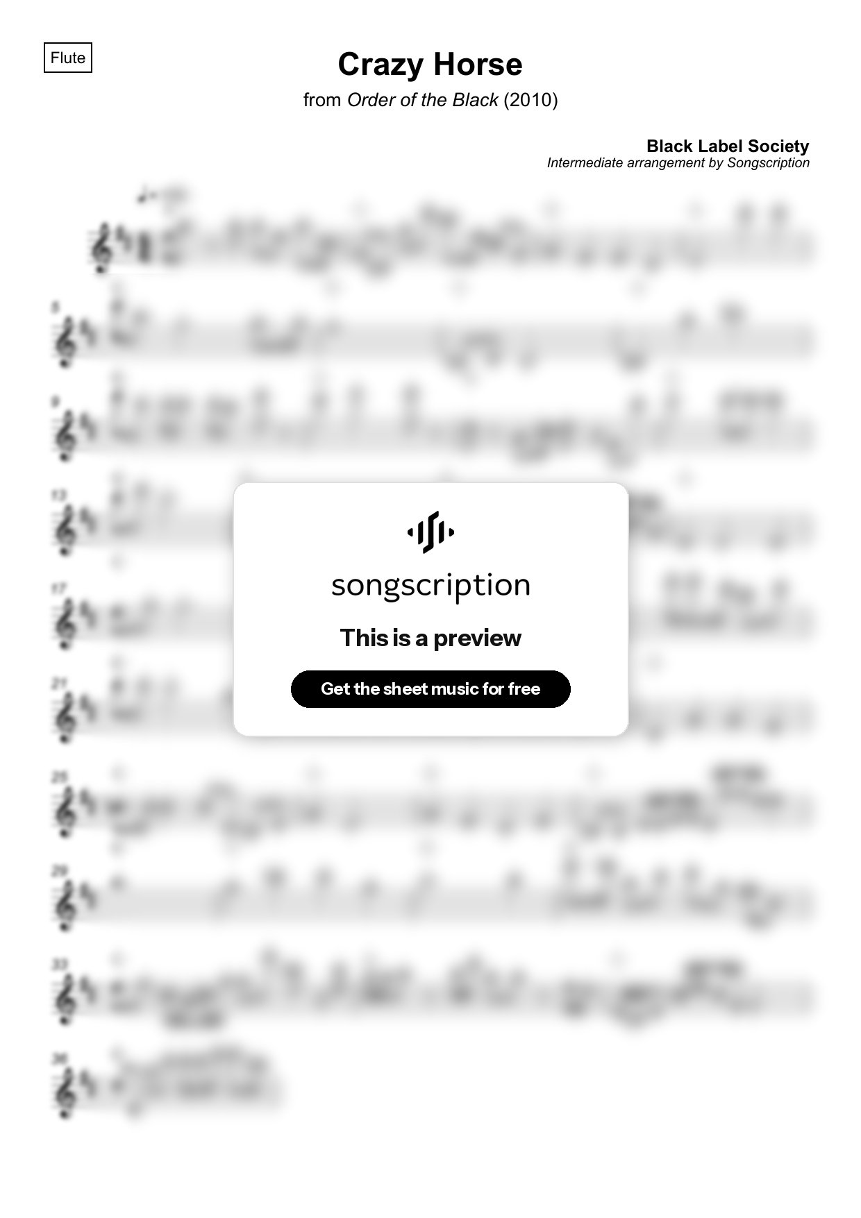 Intermediate Flute Sheet Music for "Crazy Horse" by Black Label Society