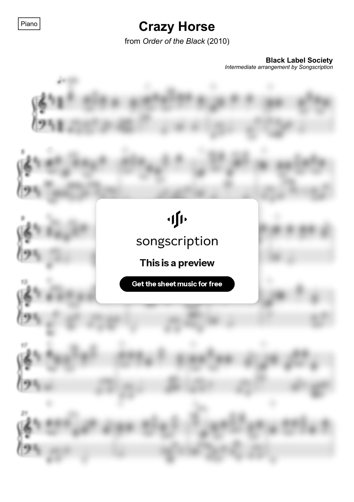 Intermediate Piano Sheet Music for "Crazy Horse" by Black Label Society