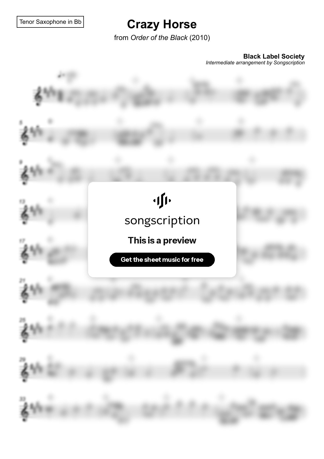 Intermediate Tenor Sax Sheet Music for "Crazy Horse" by Black Label Society