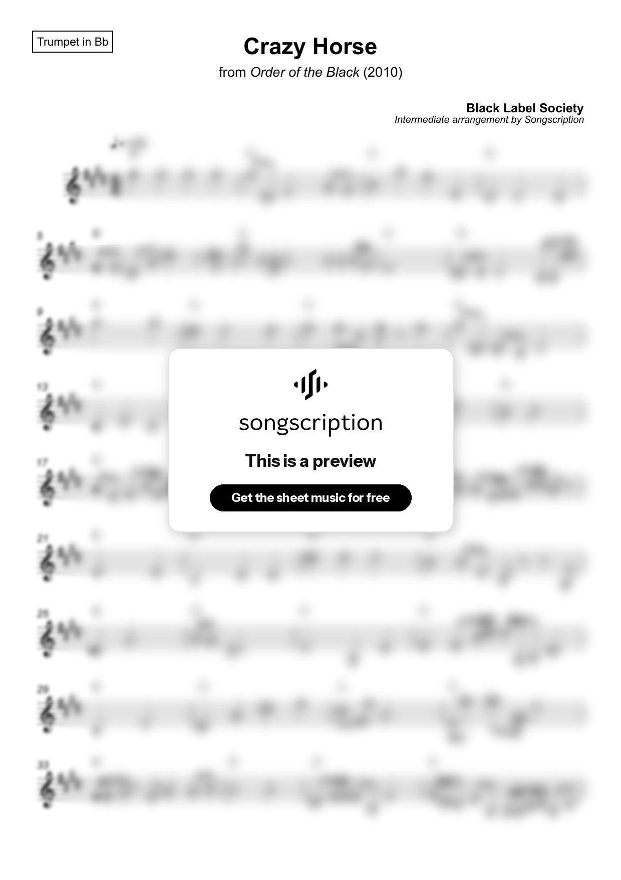 Intermediate Trumpet Sheet Music for "Crazy Horse" by Black Label Society