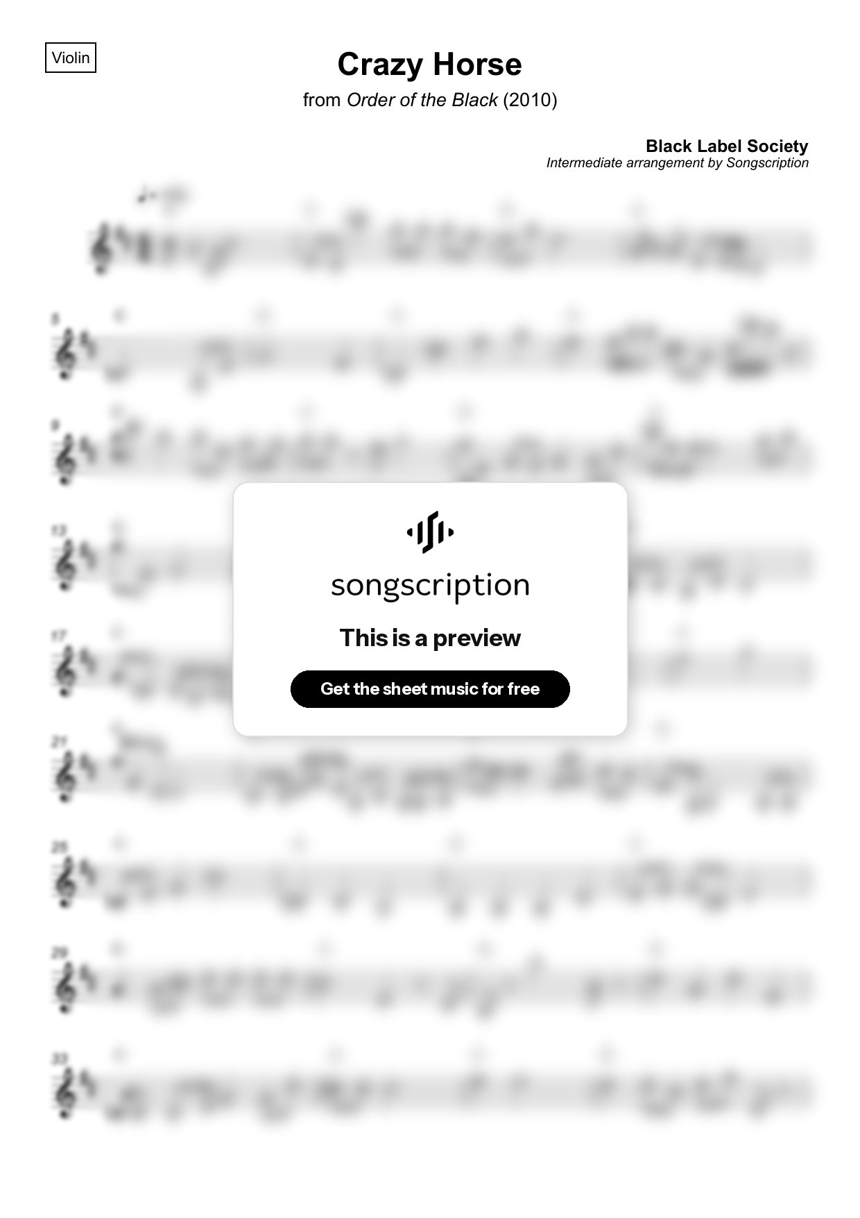 Intermediate Violin Sheet Music for "Crazy Horse" by Black Label Society