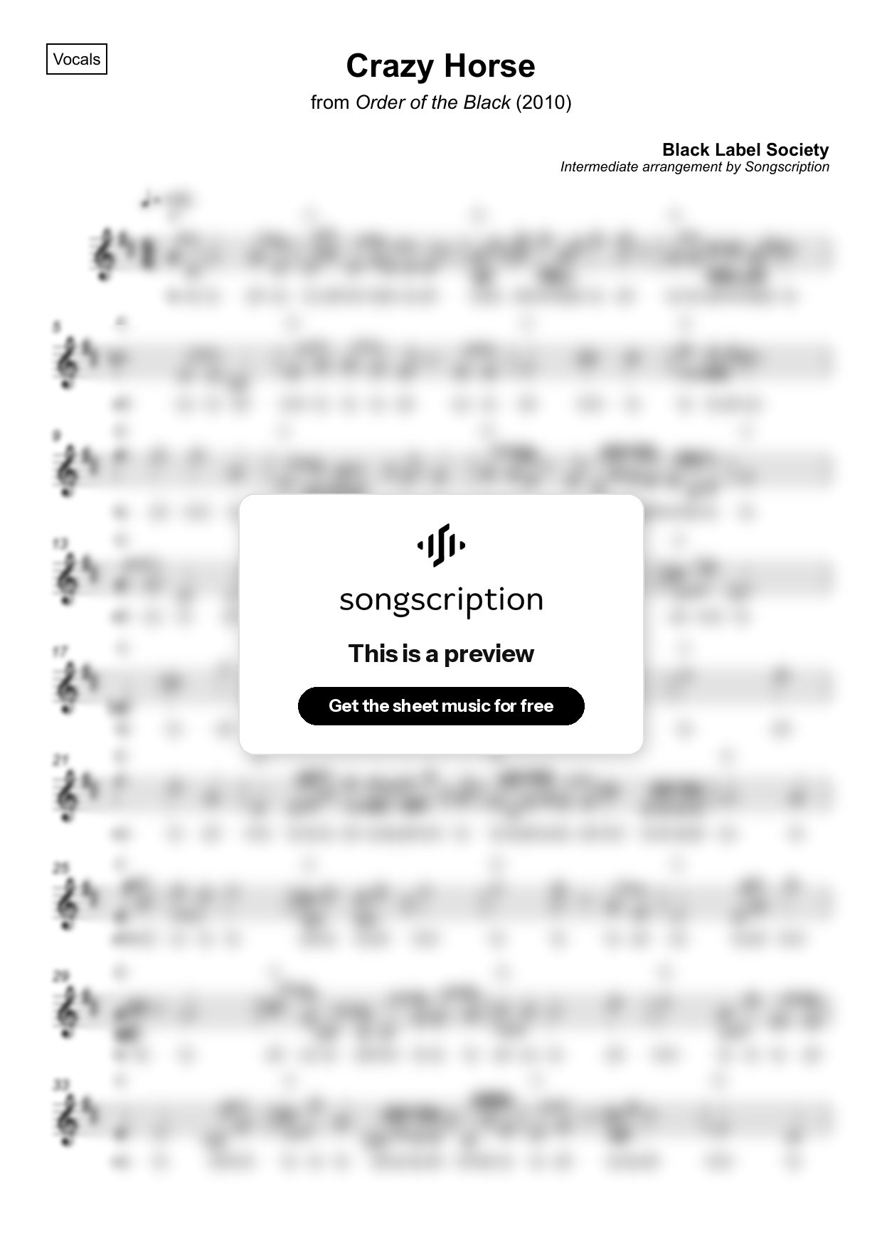 Intermediate Vocals Sheet Music for "Crazy Horse" by Black Label Society