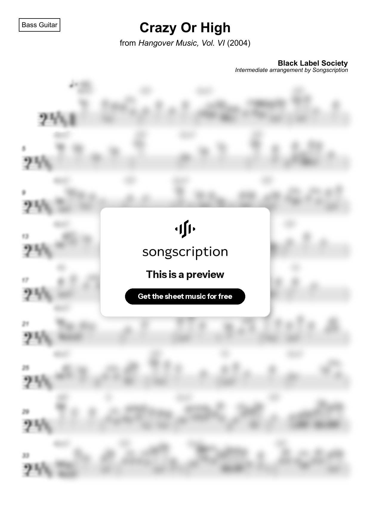 Intermediate Bass Guitar Sheet Music for "Crazy Or High" by Black Label Society