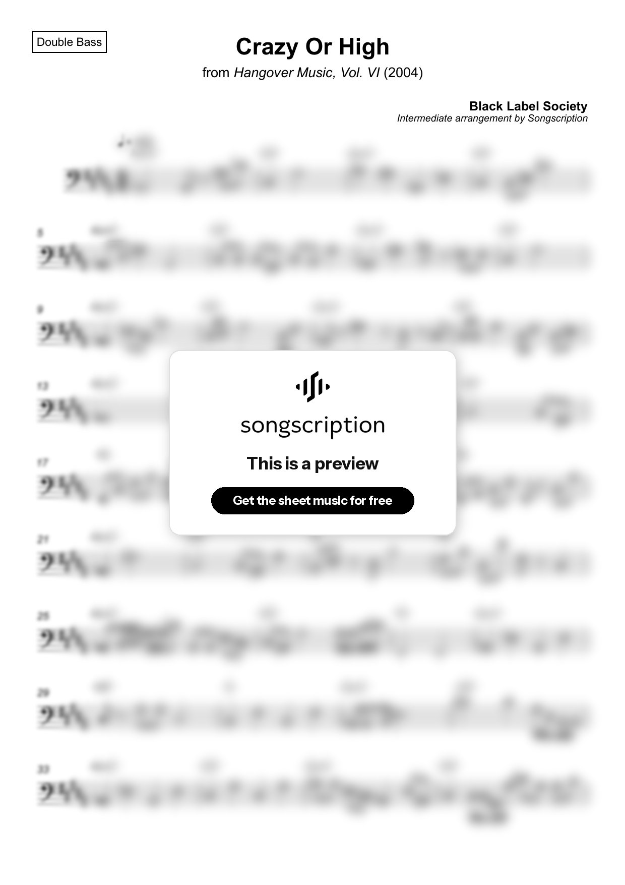 Intermediate Double Bass Sheet Music for "Crazy Or High" by Black Label Society