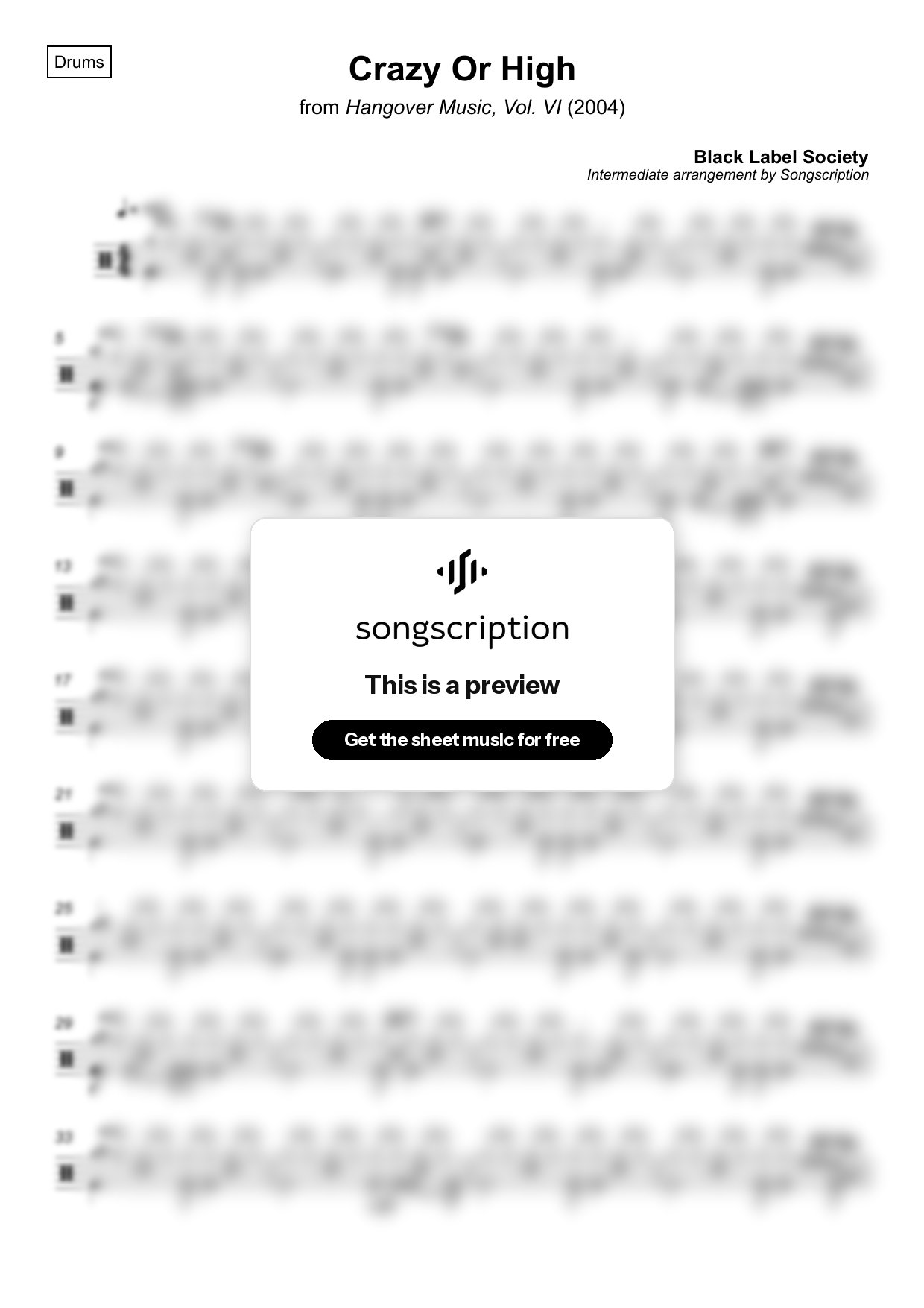 Intermediate Drums Sheet Music for "Crazy Or High" by Black Label Society