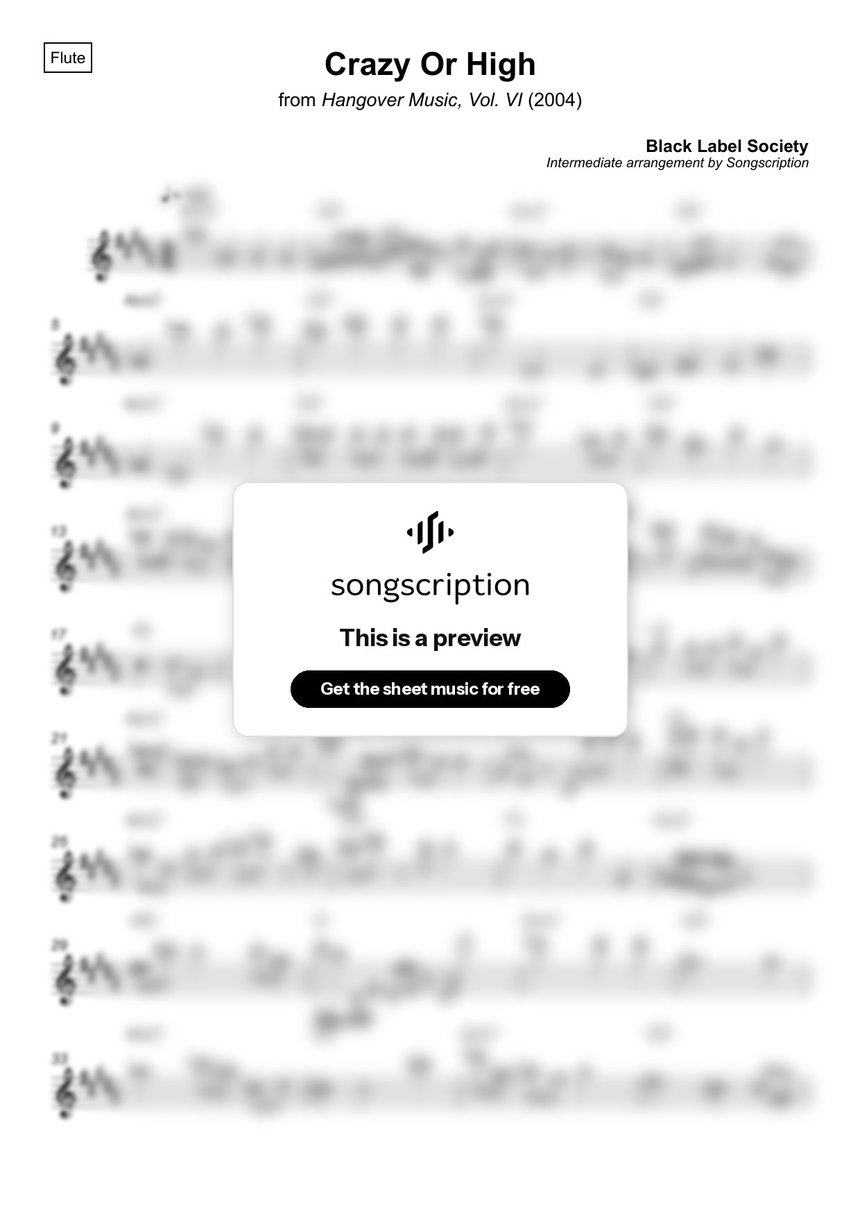 Intermediate Flute Sheet Music for "Crazy Or High" by Black Label Society
