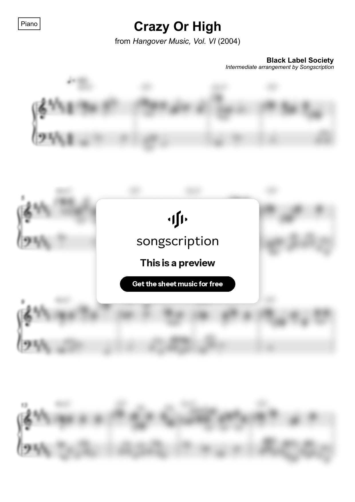 Intermediate Piano Sheet Music for "Crazy Or High" by Black Label Society