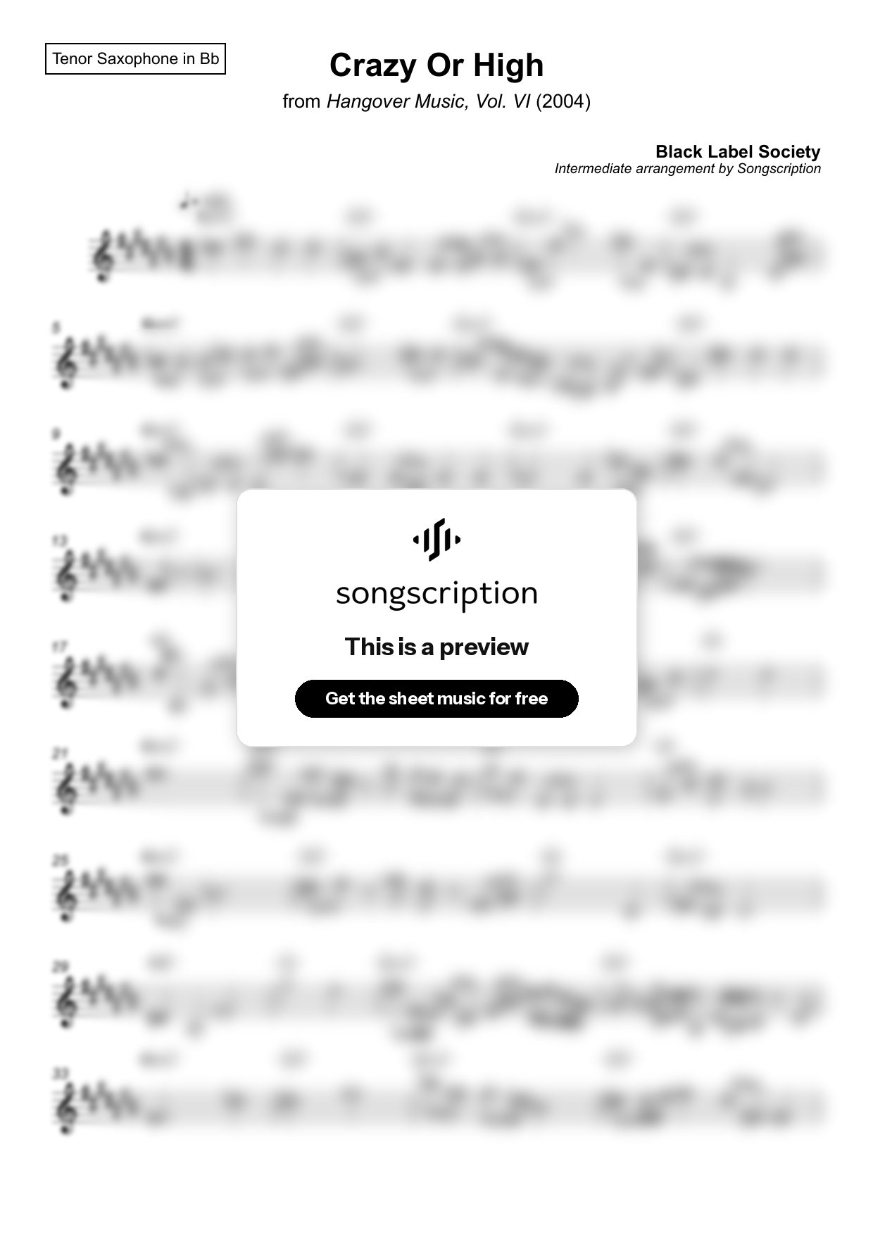Intermediate Tenor Sax Sheet Music for "Crazy Or High" by Black Label Society