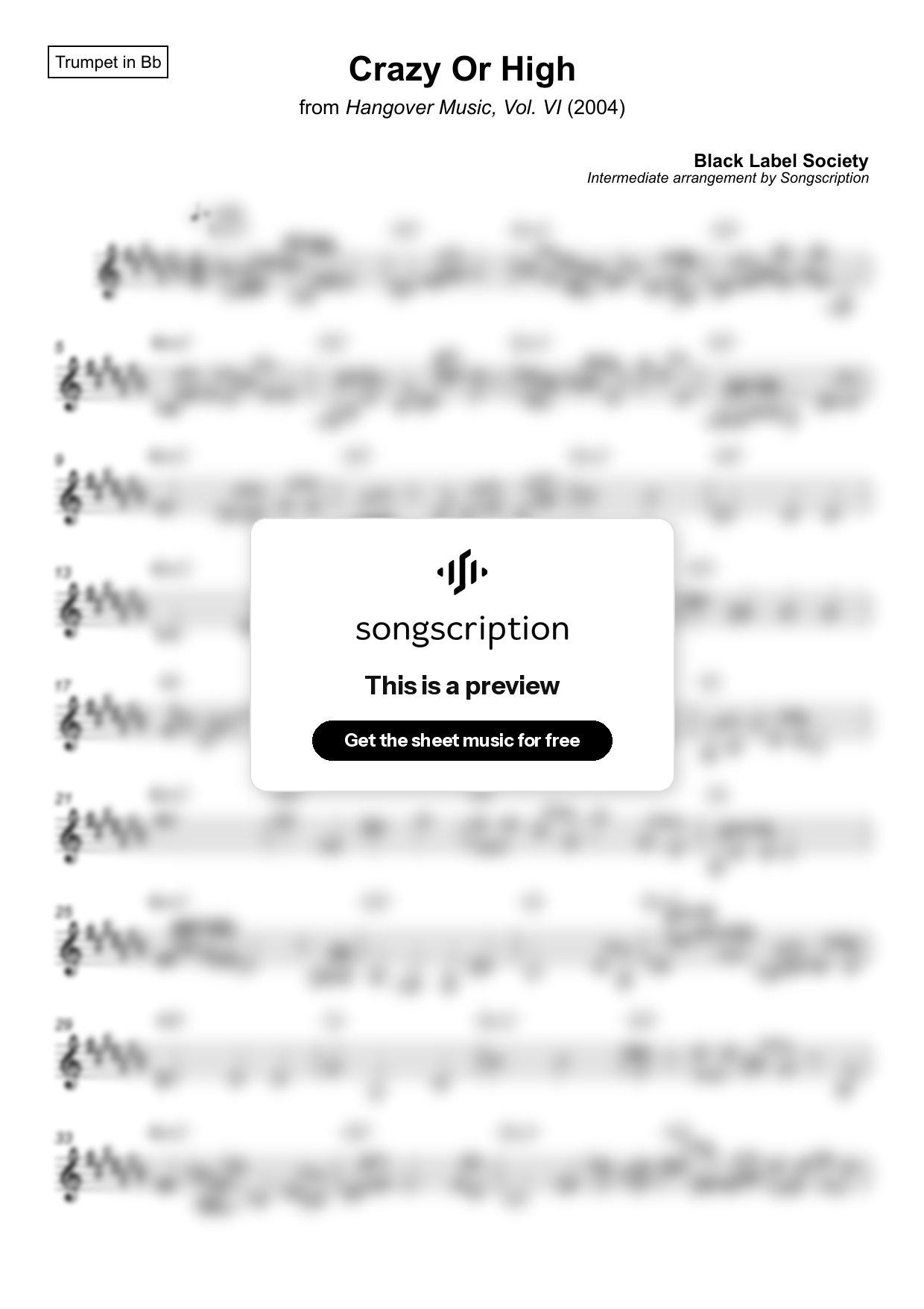 Intermediate Trumpet Sheet Music for "Crazy Or High" by Black Label Society