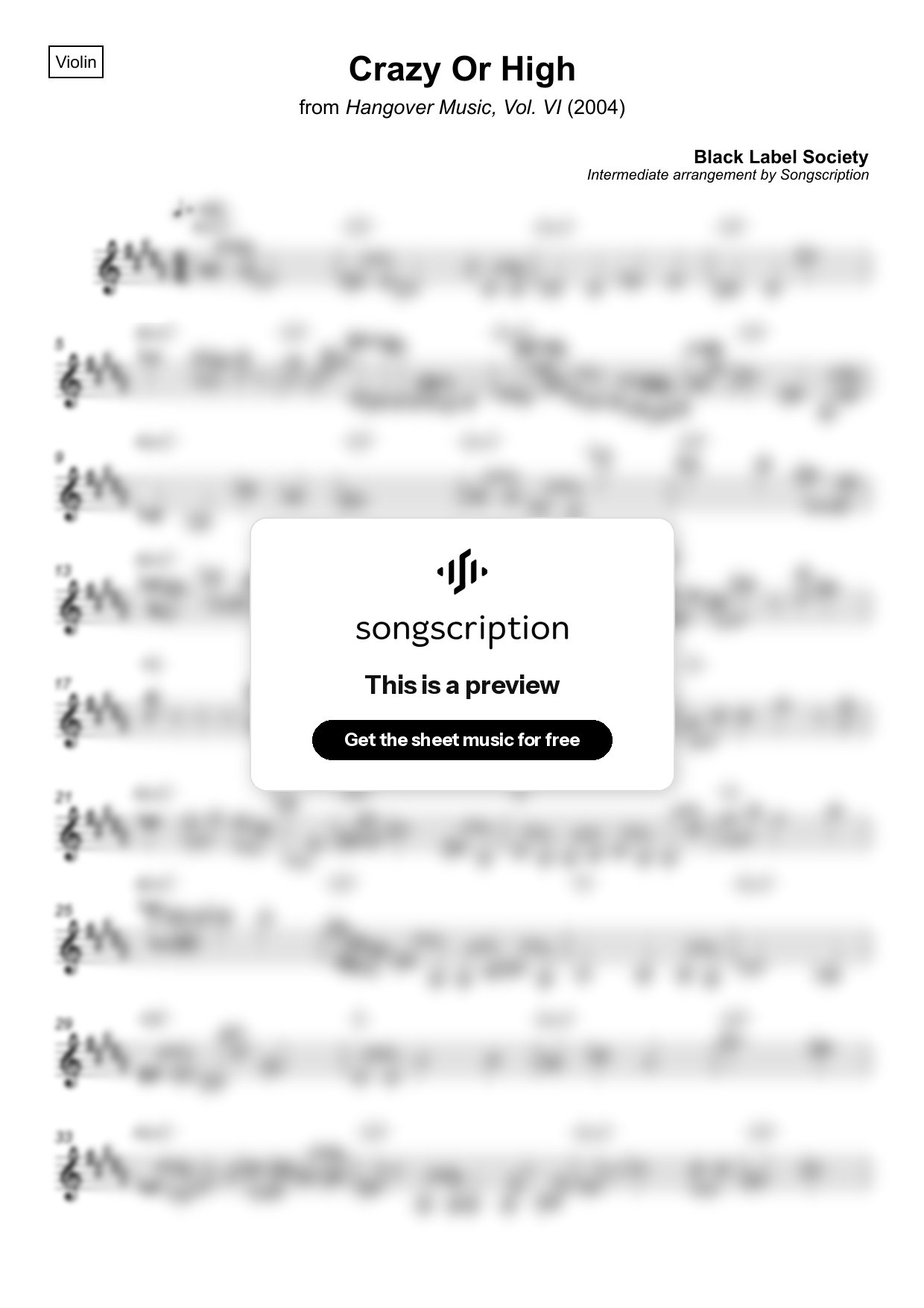 Intermediate Violin Sheet Music for "Crazy Or High" by Black Label Society