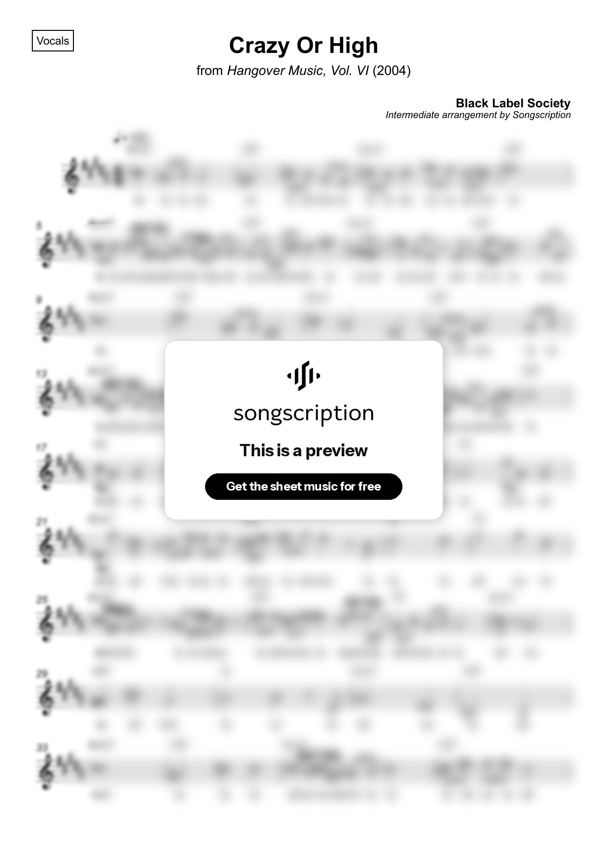 Intermediate Vocals Sheet Music for "Crazy Or High" by Black Label Society