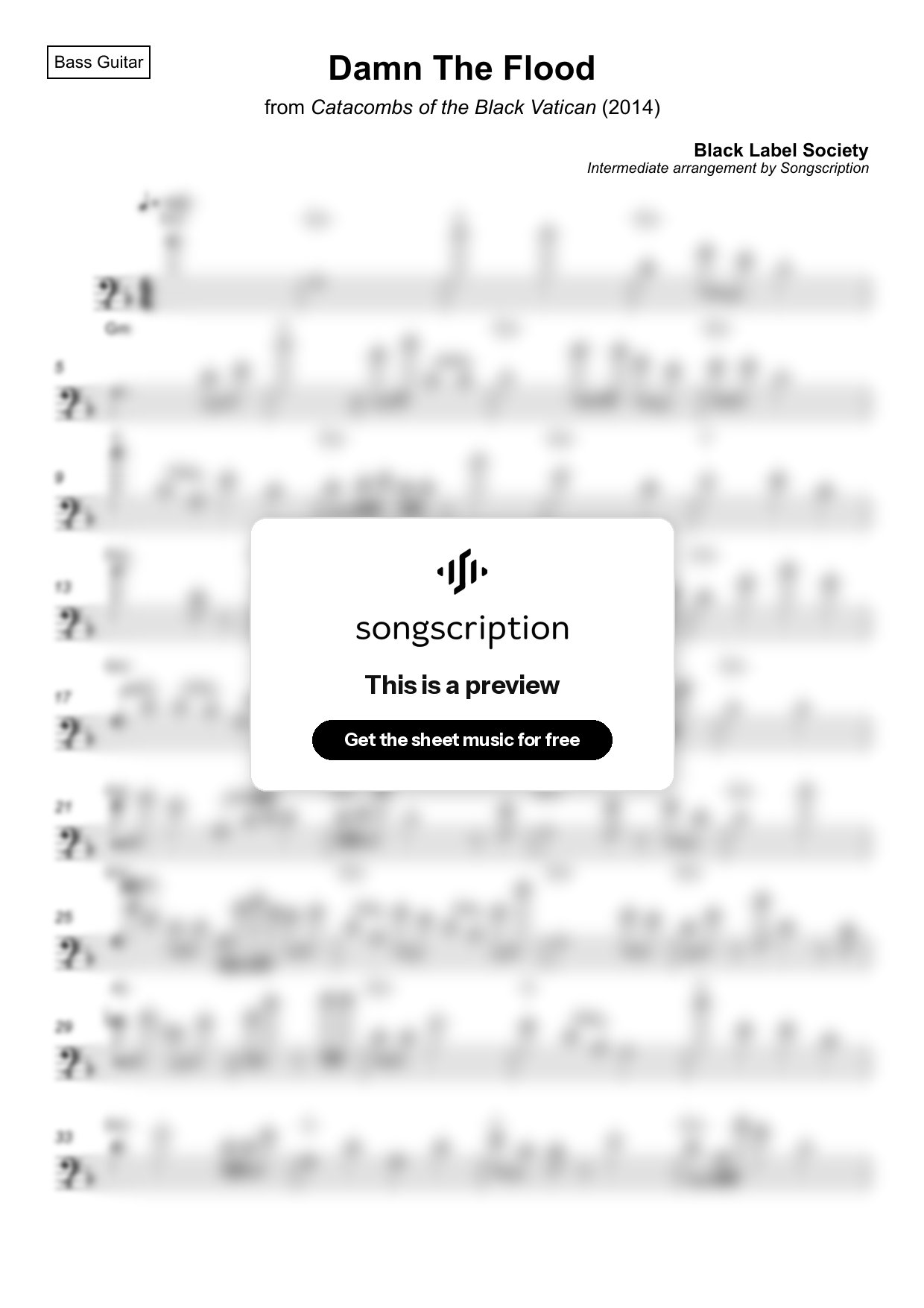 Intermediate Bass Guitar Sheet Music for "Damn The Flood" by Black Label Society