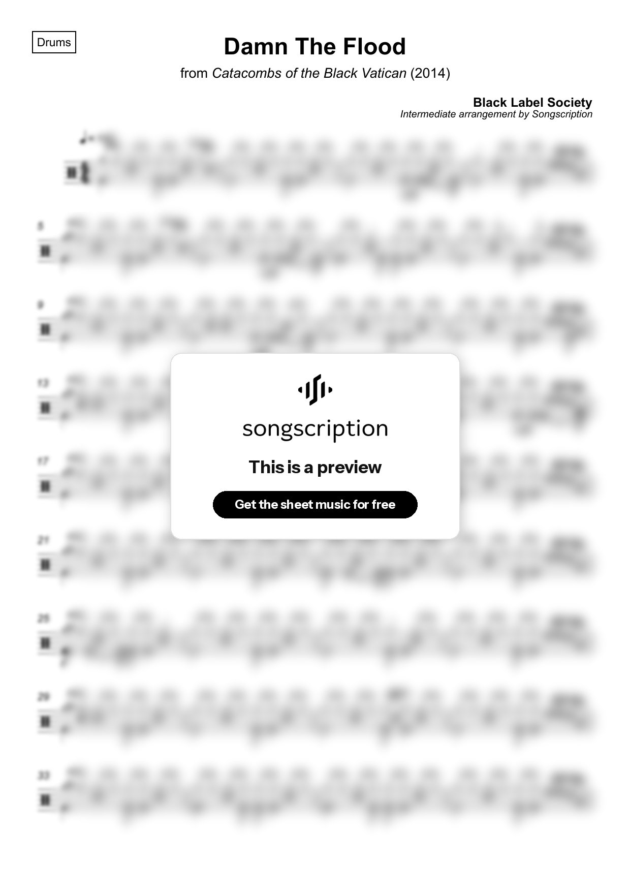 Intermediate Drums Sheet Music for "Damn The Flood" by Black Label Society