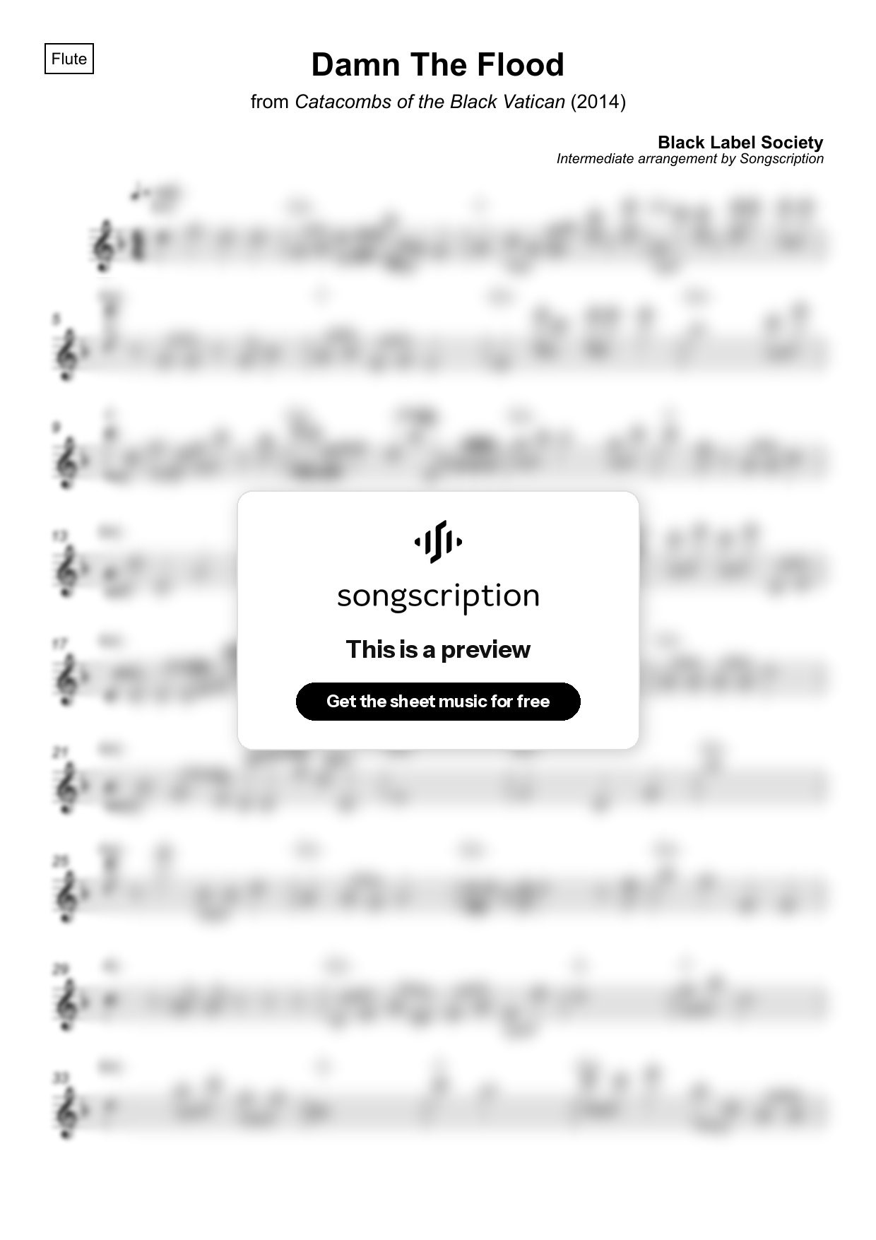 Intermediate Flute Sheet Music for "Damn The Flood" by Black Label Society