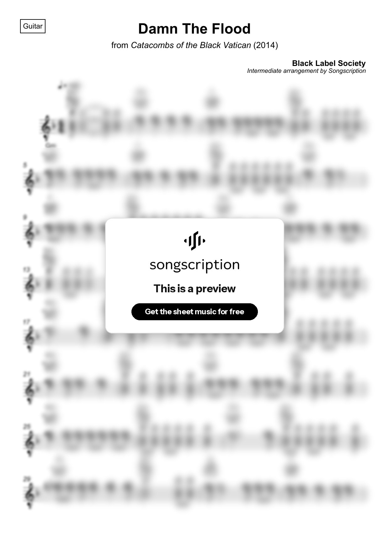 Intermediate Acoustic Guitar Sheet Music for "Damn The Flood" by Black Label Society