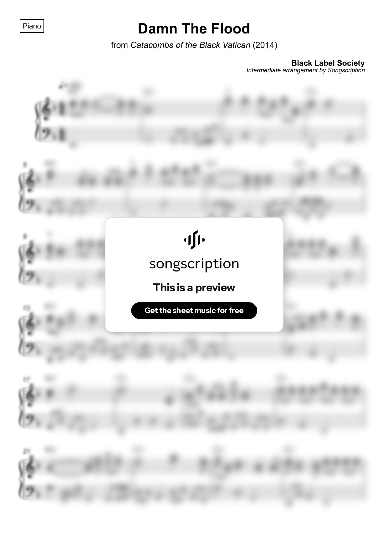 Intermediate Piano Sheet Music for "Damn The Flood" by Black Label Society