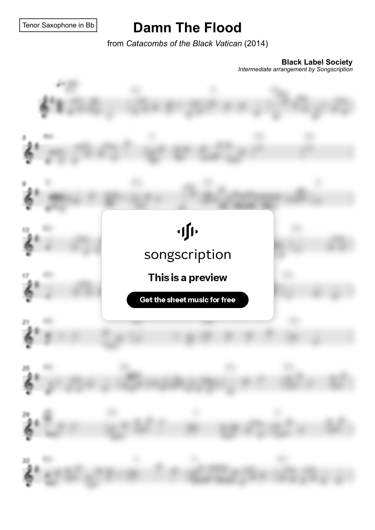 Intermediate Tenor Sax Sheet Music for "Damn The Flood" by Black Label Society