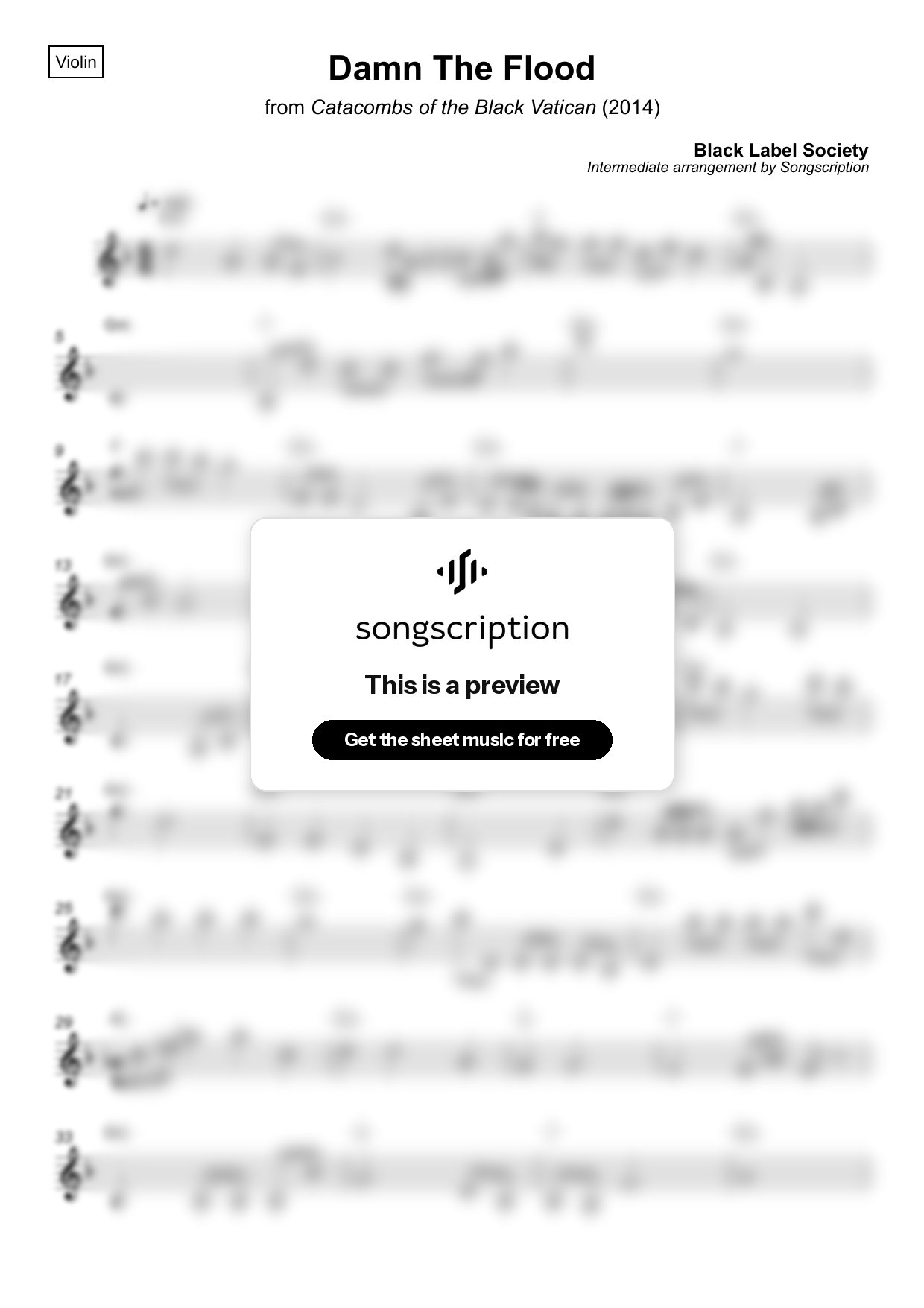 Intermediate Violin Sheet Music for "Damn The Flood" by Black Label Society