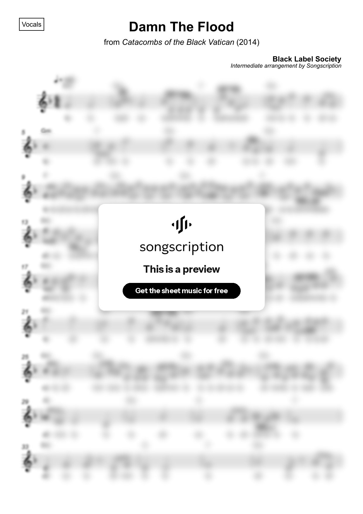 Intermediate Vocals Sheet Music for "Damn The Flood" by Black Label Society
