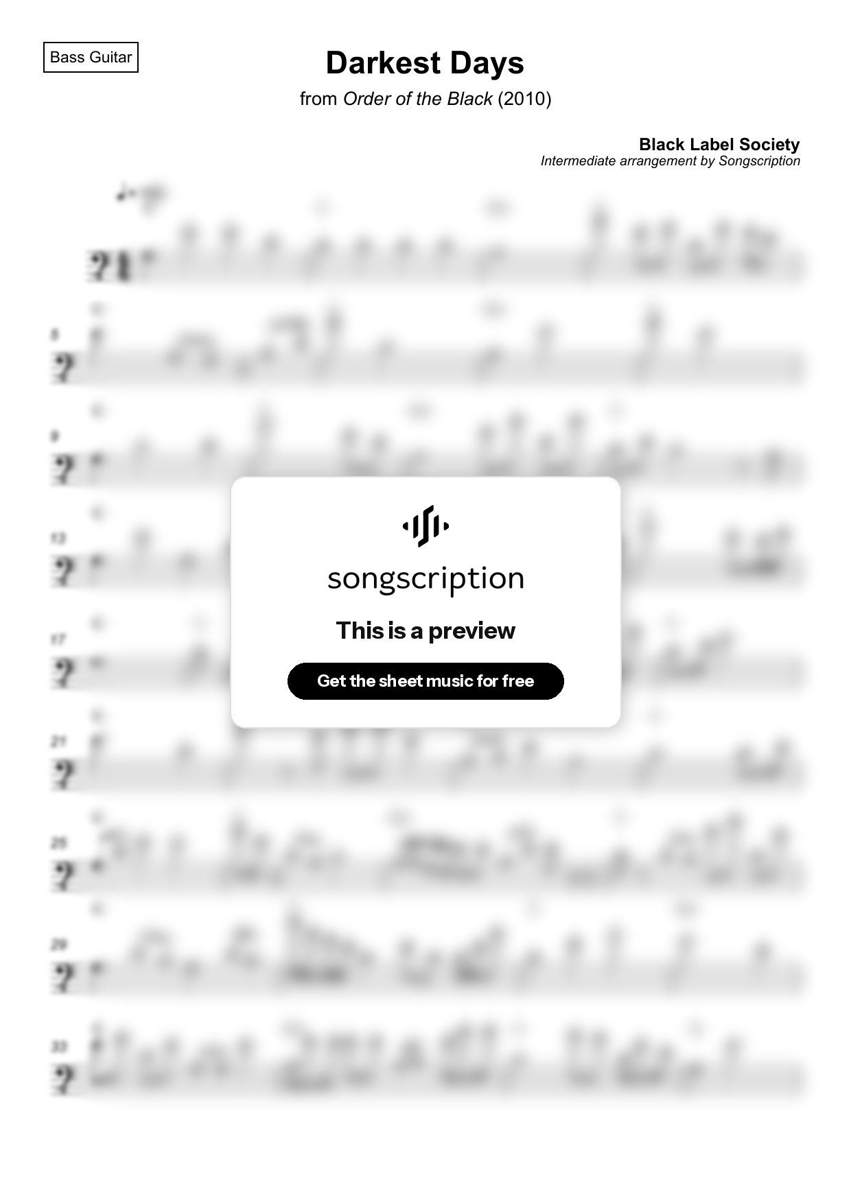 Intermediate Bass Guitar Sheet Music for "Darkest Days" by Black Label Society
