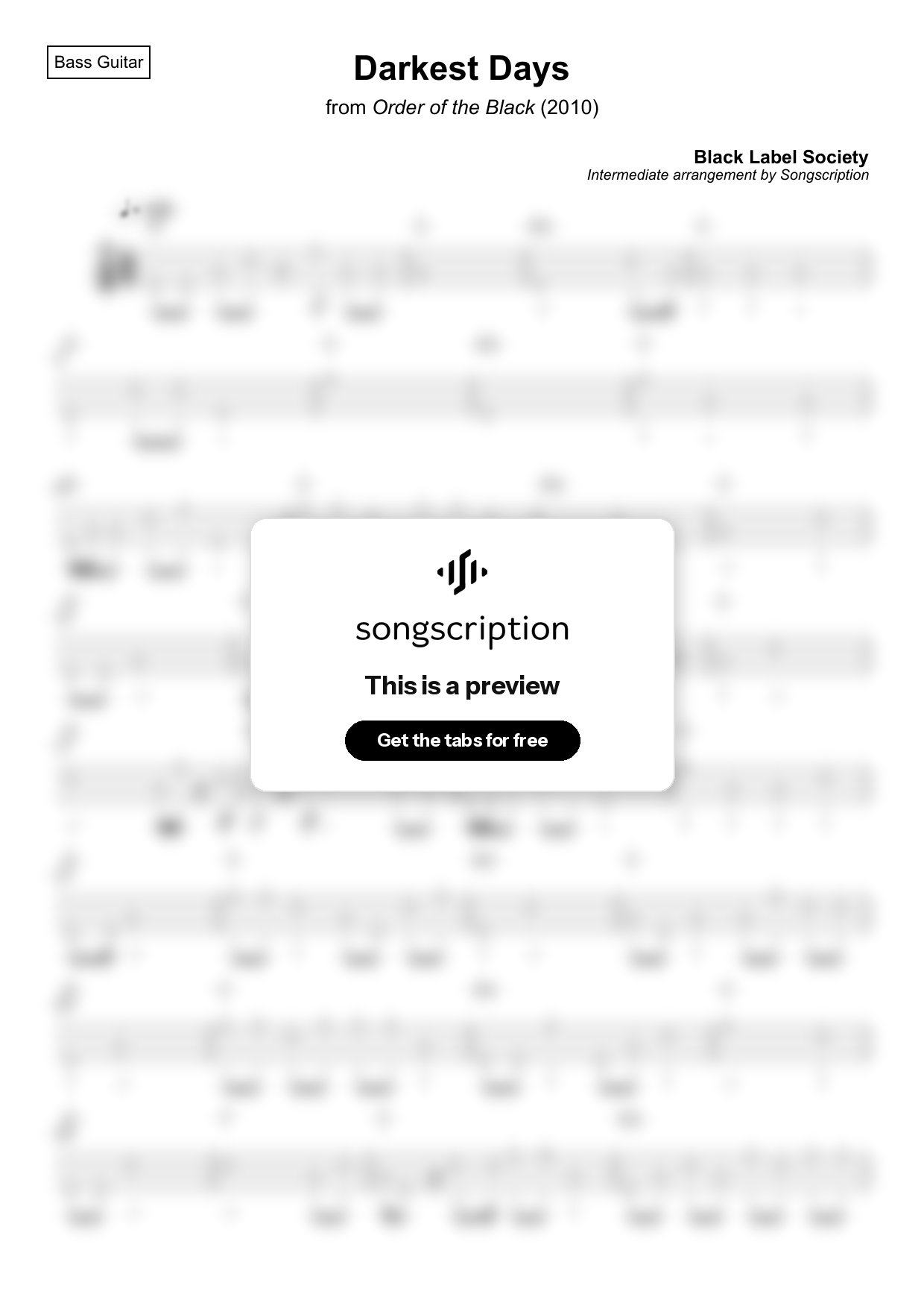 Intermediate Bass Guitar Tabs for "Darkest Days" by Black Label Society