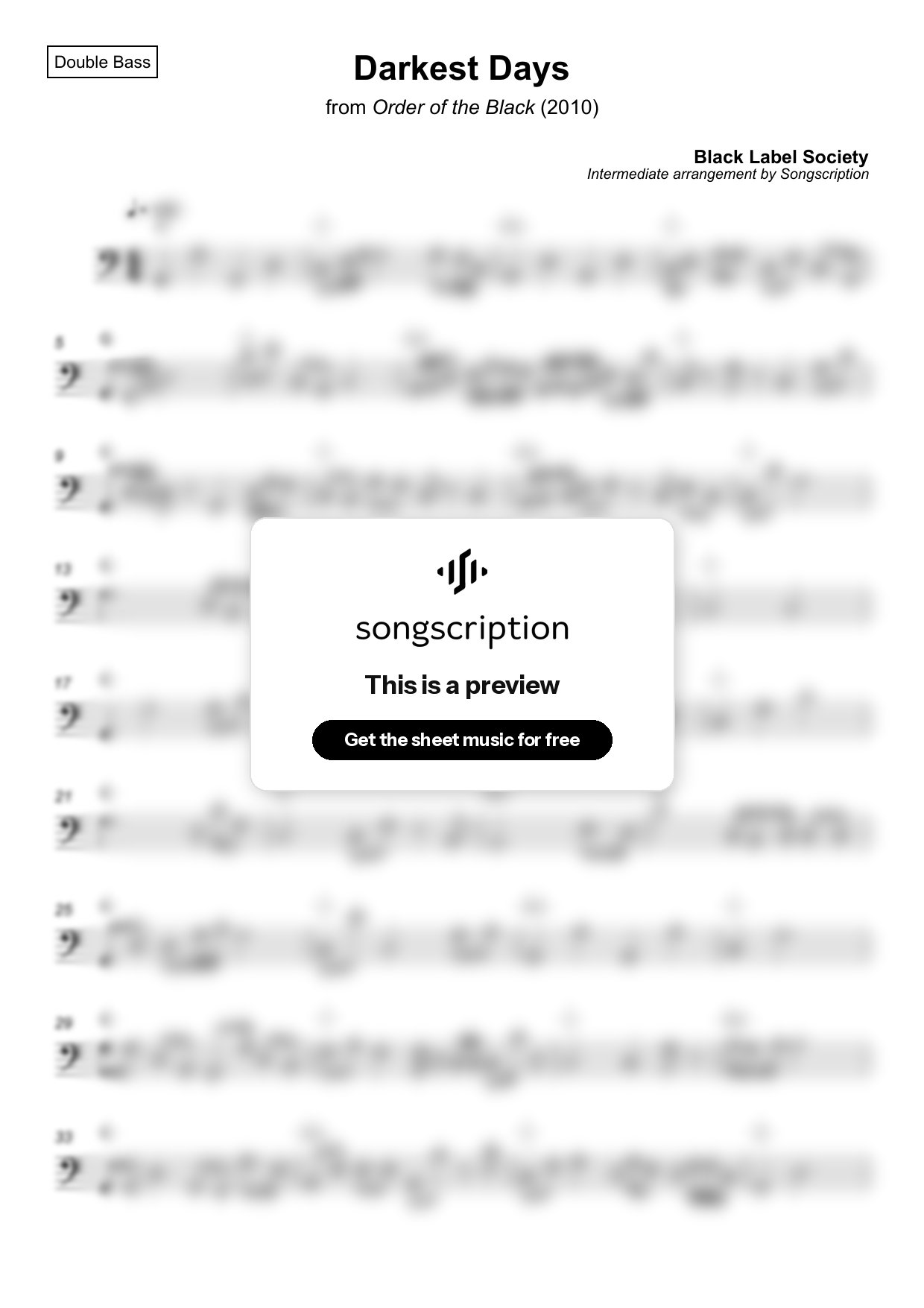 Intermediate Double Bass Sheet Music for "Darkest Days" by Black Label Society