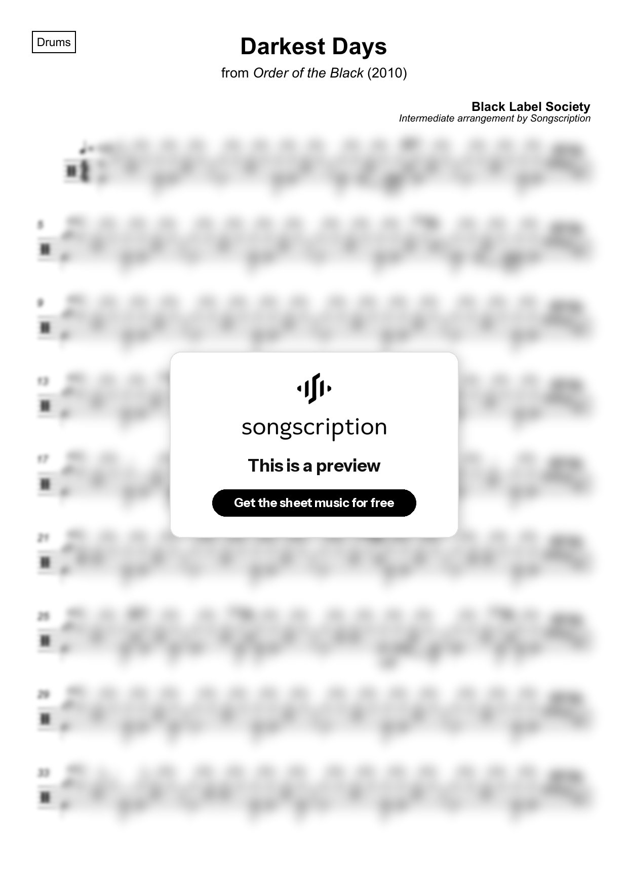 Intermediate Drums Sheet Music for "Darkest Days" by Black Label Society