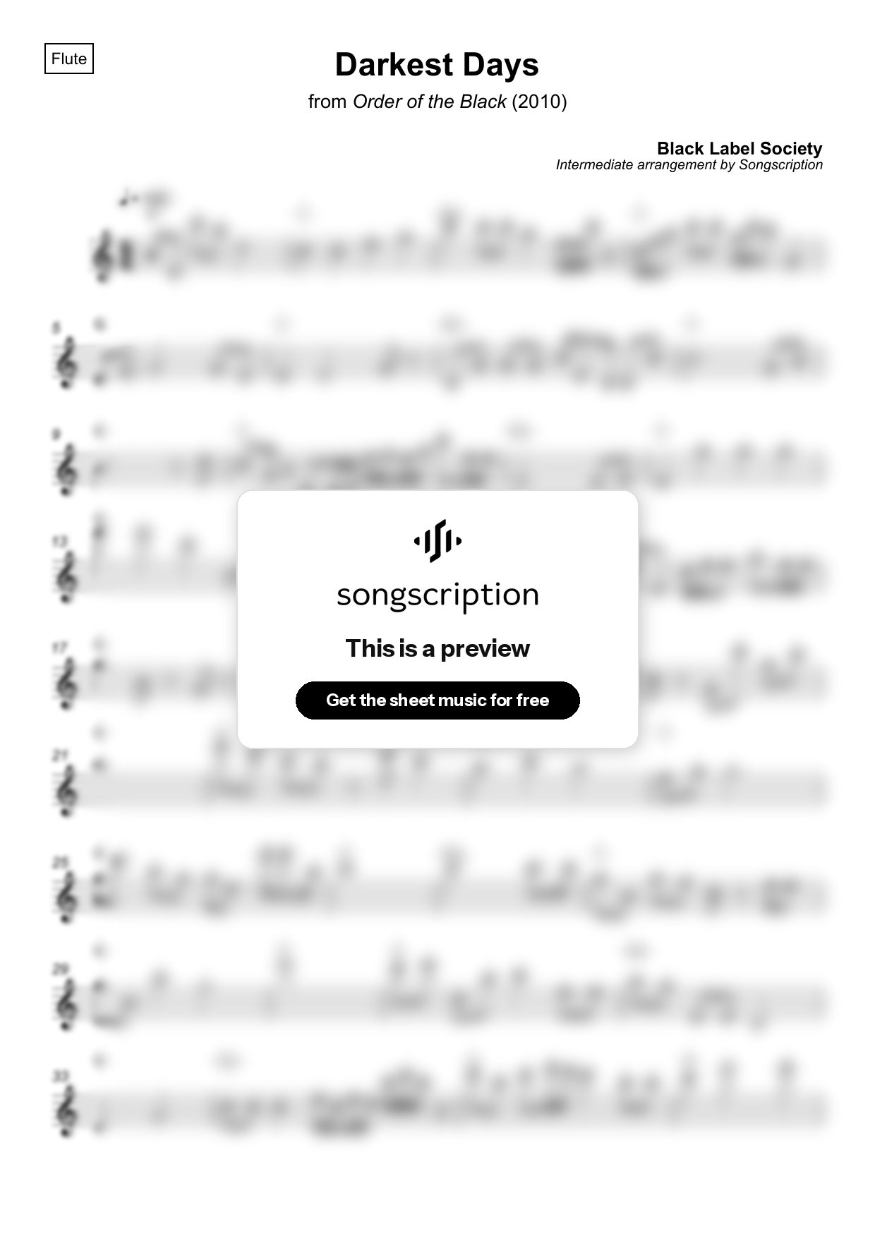 Intermediate Flute Sheet Music for "Darkest Days" by Black Label Society
