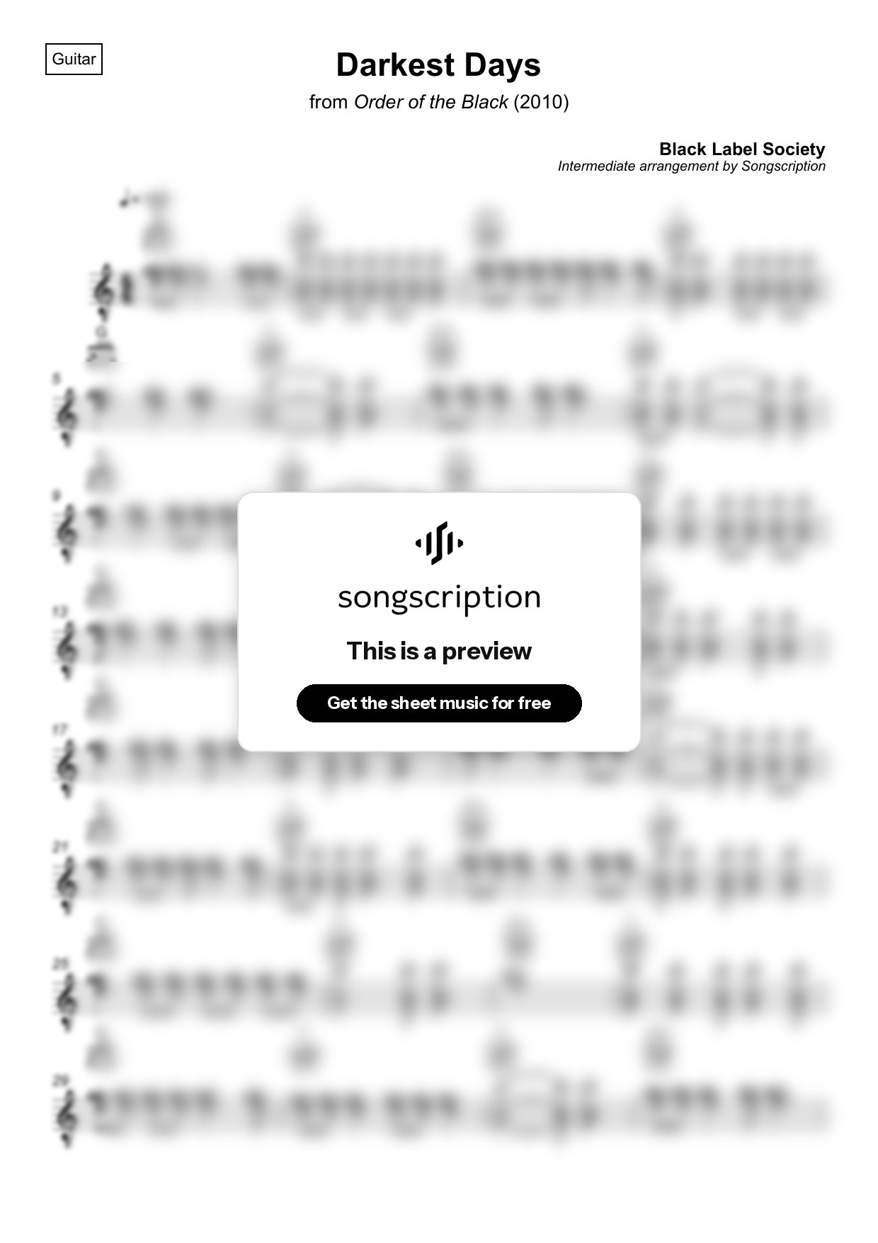 Intermediate Acoustic Guitar Sheet Music for "Darkest Days" by Black Label Society