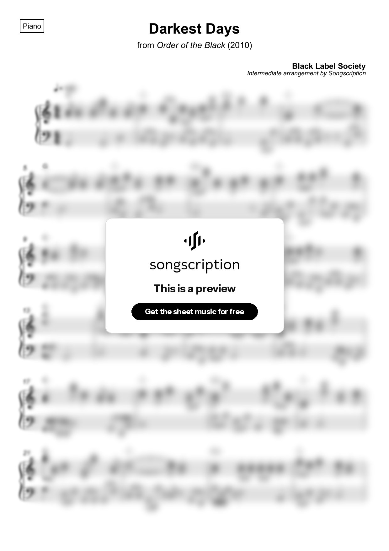 Intermediate Piano Sheet Music for "Darkest Days" by Black Label Society