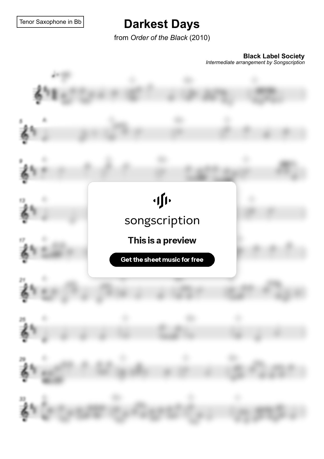 Intermediate Tenor Sax Sheet Music for "Darkest Days" by Black Label Society
