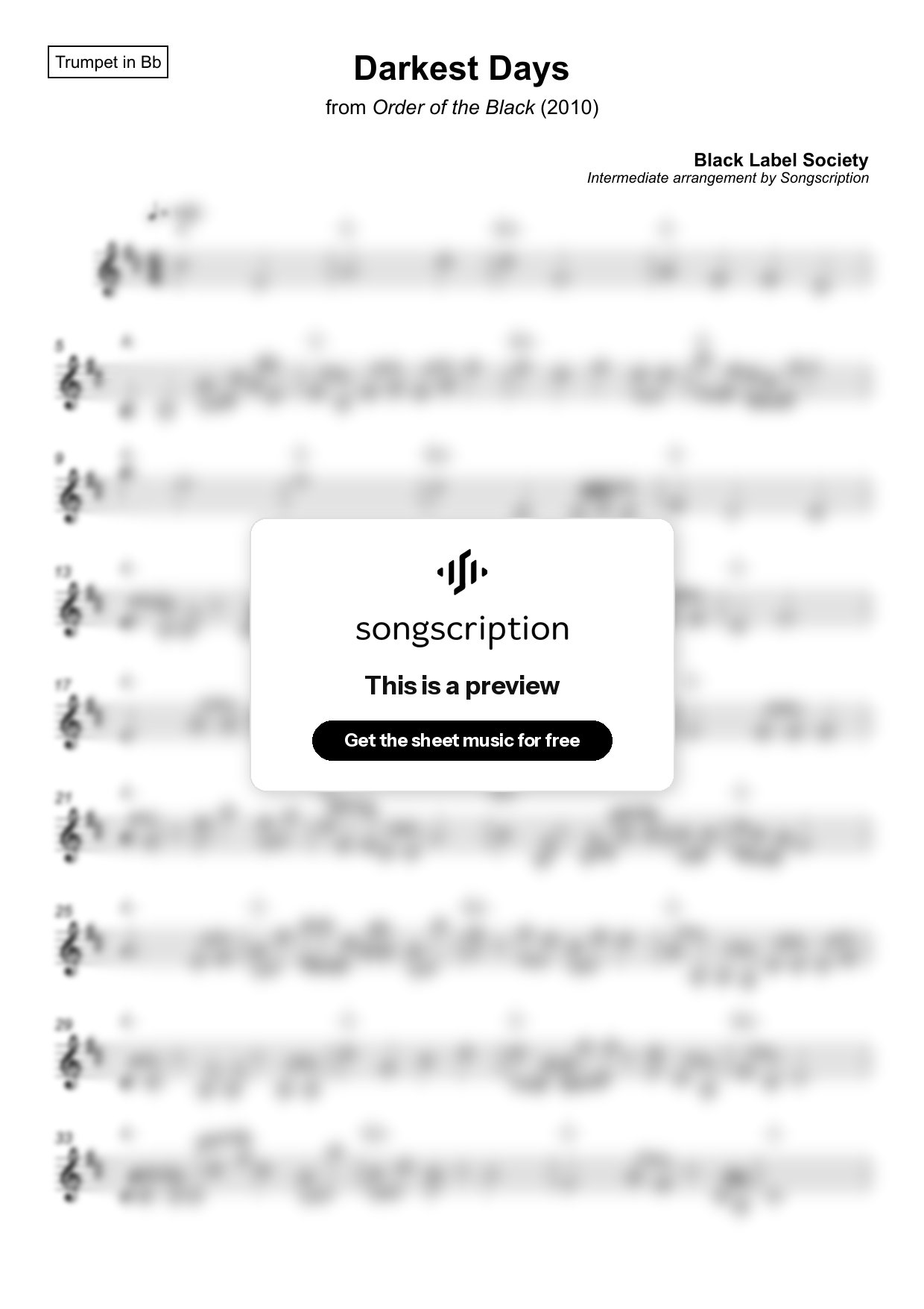 Intermediate Trumpet Sheet Music for "Darkest Days" by Black Label Society