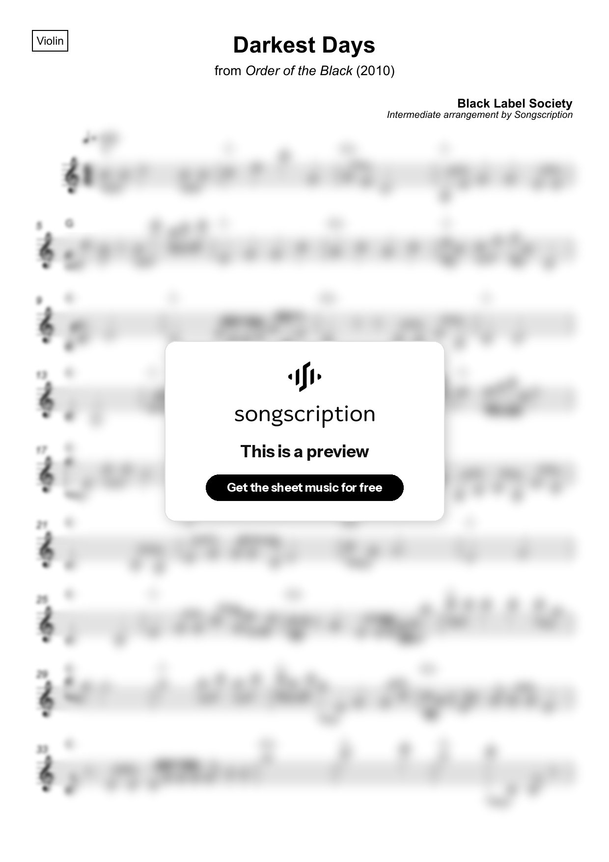 Intermediate Violin Sheet Music for "Darkest Days" by Black Label Society
