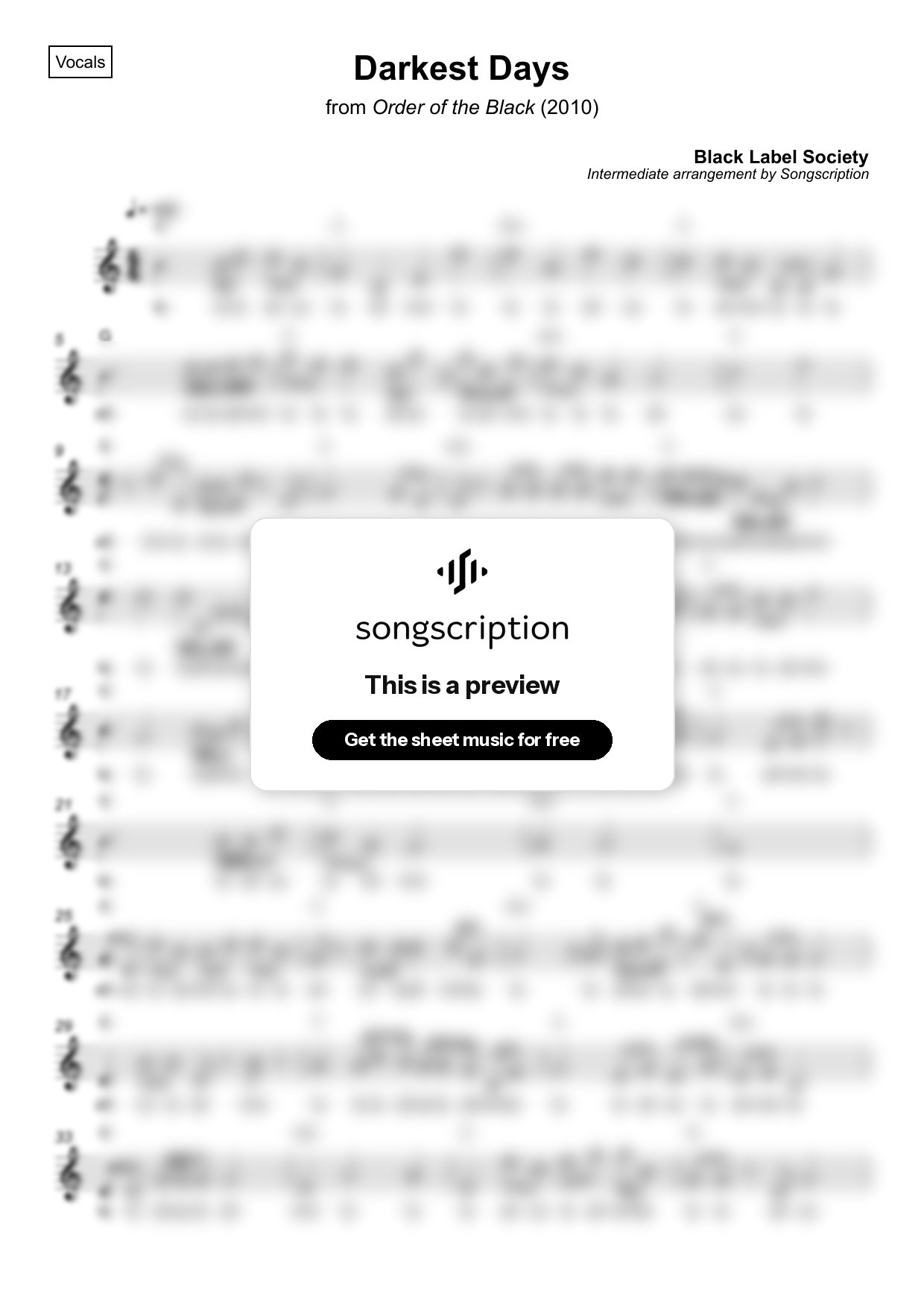 Intermediate Vocals Sheet Music for "Darkest Days" by Black Label Society