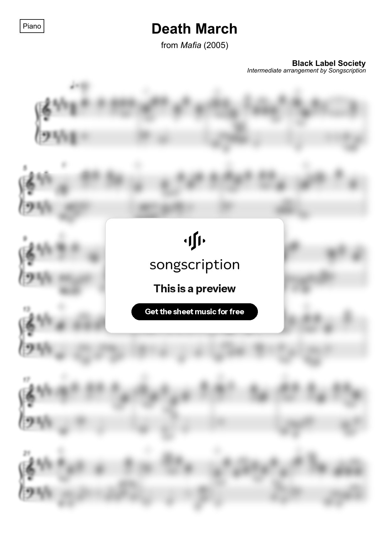 Intermediate Piano Sheet Music for "Death March" by Black Label Society
