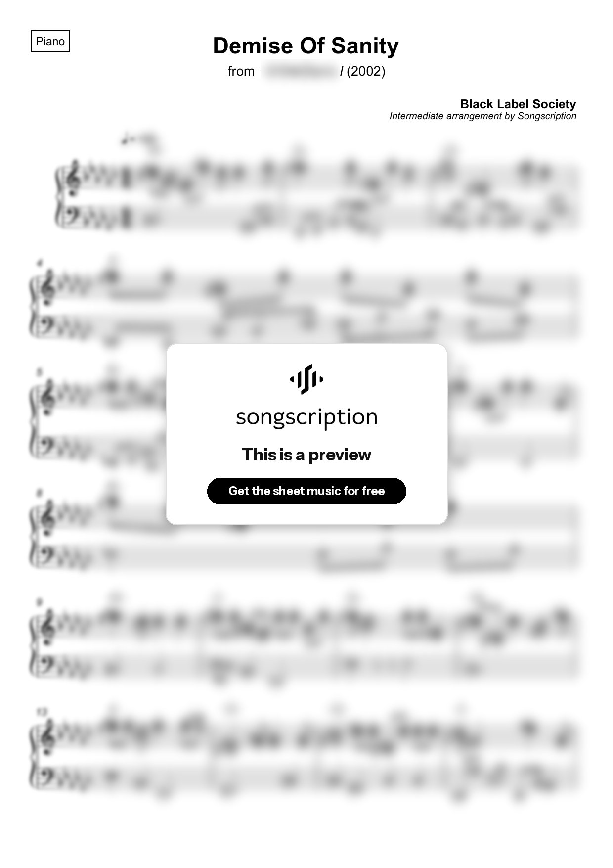 Intermediate Piano Sheet Music for "Demise Of Sanity" by Black Label Society