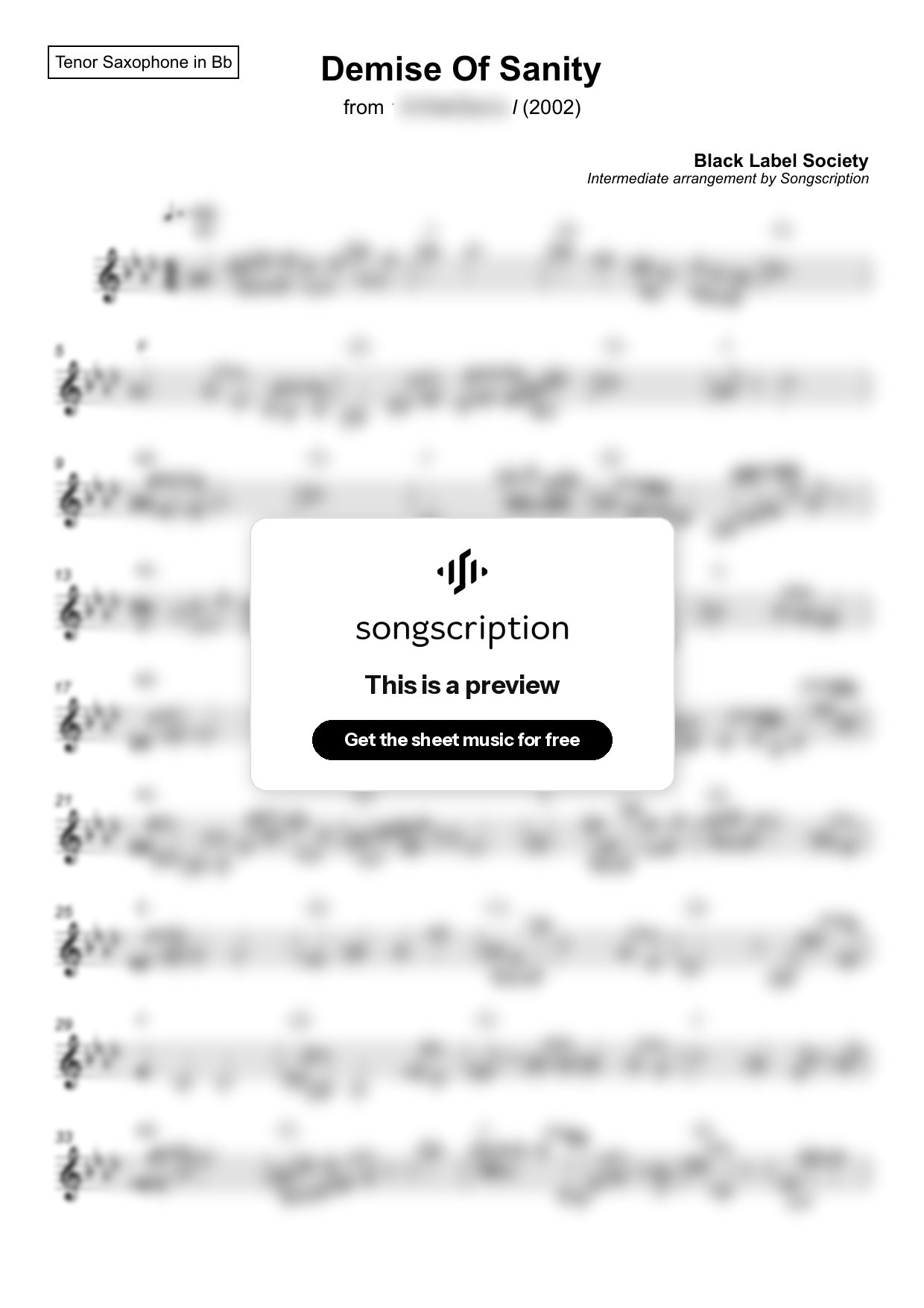 Intermediate Tenor Sax Sheet Music for "Demise Of Sanity" by Black Label Society